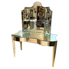 Made to Order Three Drawers at Front Antiqued Mirrored Vanity w/ Trifold Mirror