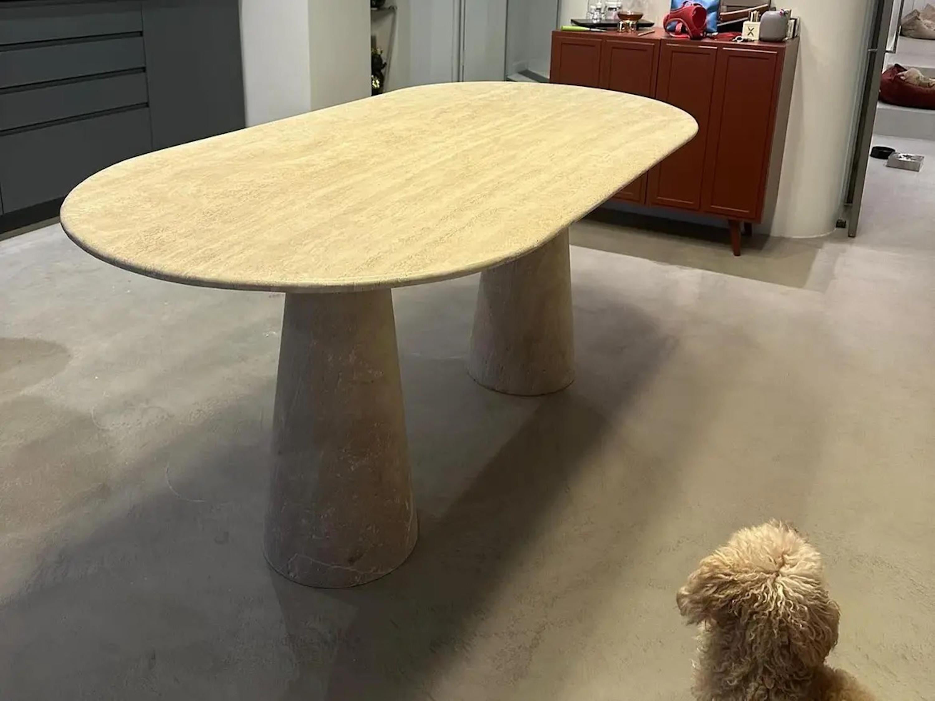 Other Ellipse Marble Table - Ellipse Oval Travertine Table - Conical Leg Table For Sale