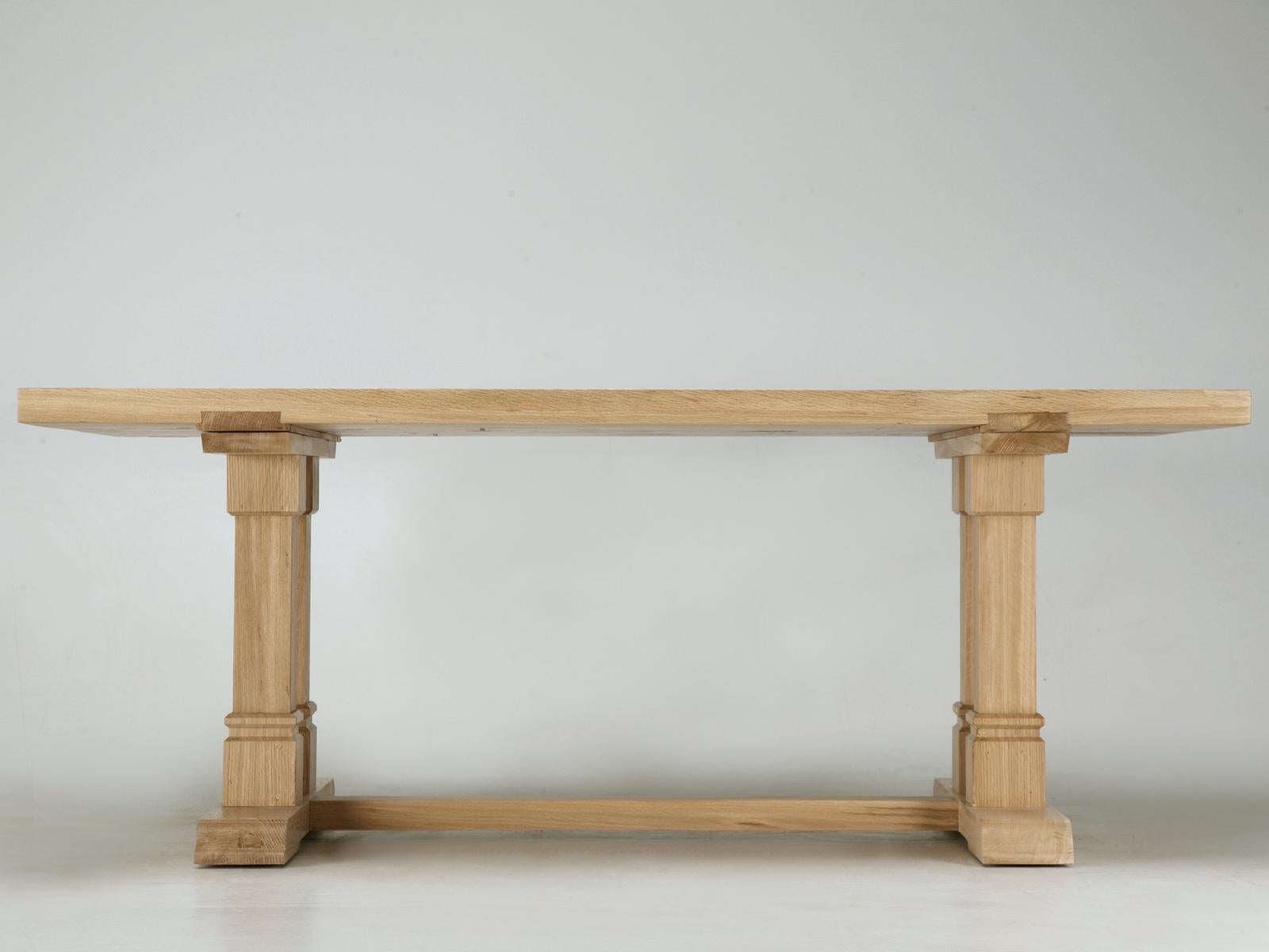 North American Trestle Dining Table in Reclaimed Thick White Oak, Any Dimension or Finish  For Sale