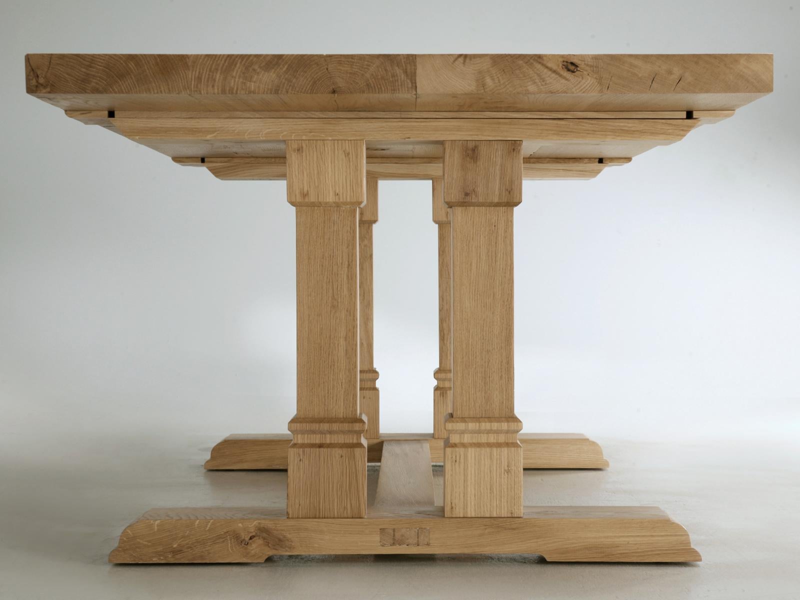 Contemporary Trestle Dining Table in Reclaimed Thick White Oak, Any Dimension or Finish  For Sale