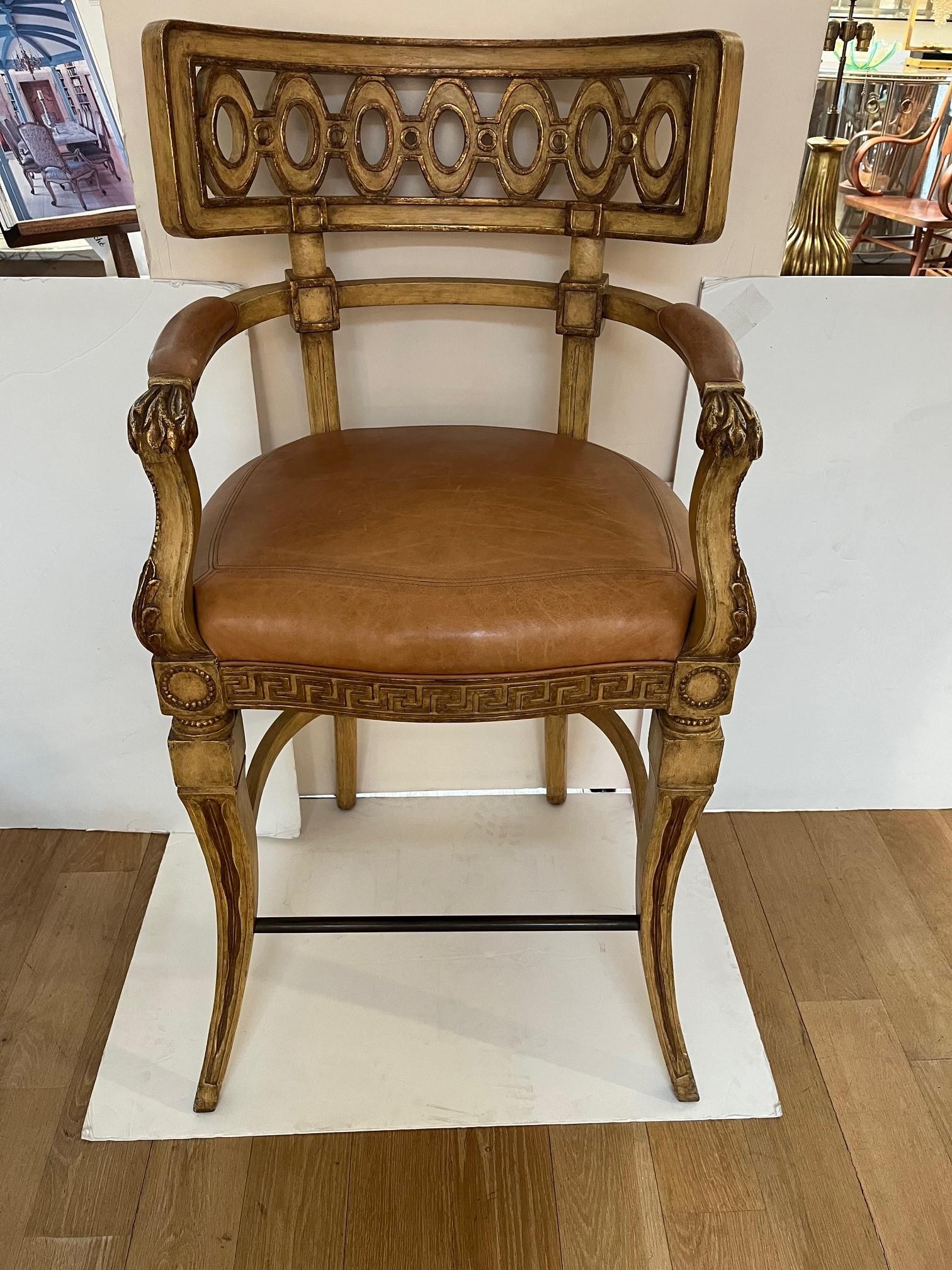 American Made to Order Venetian Bar Stool in Antique Painted Finish with Gilded Detail For Sale