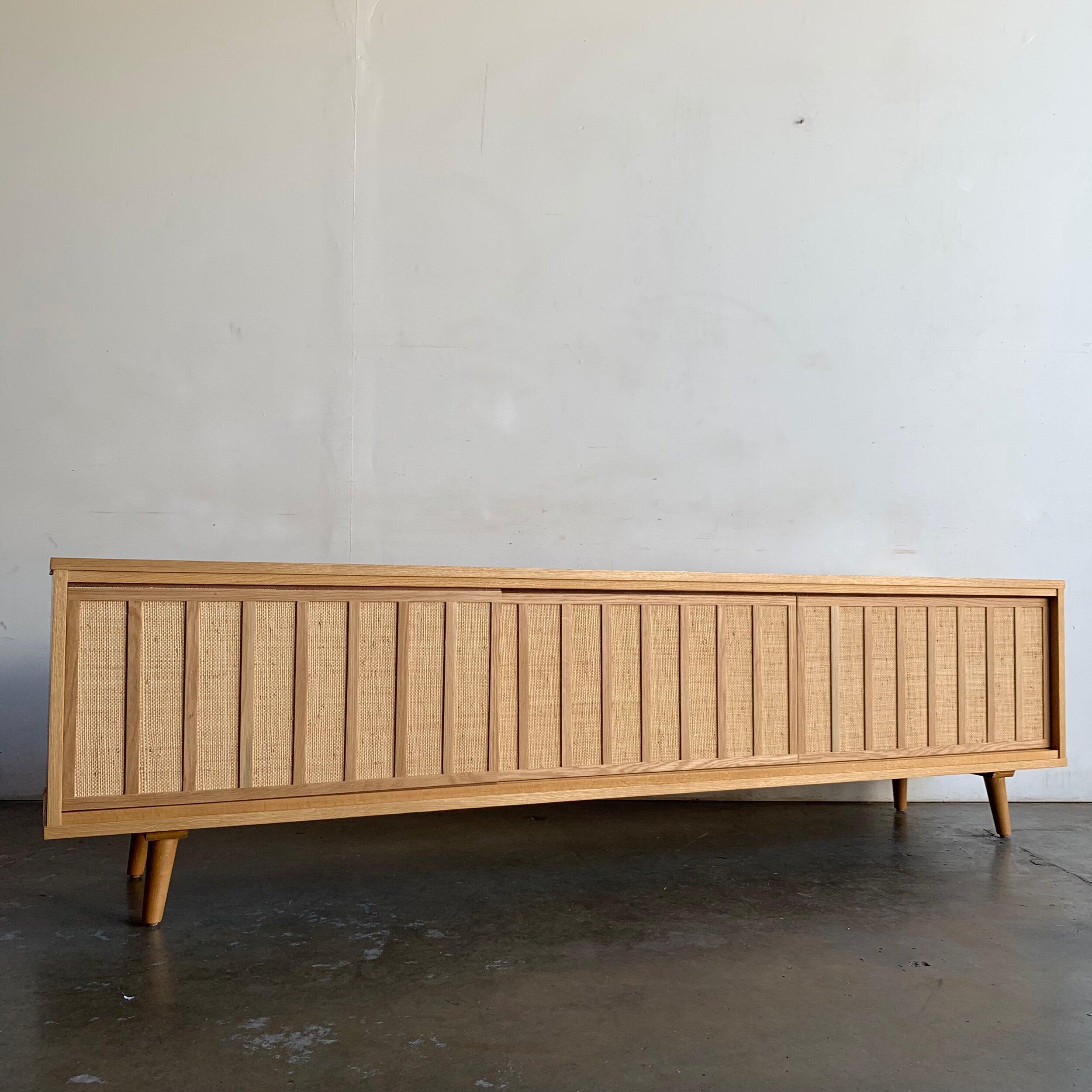 Contemporary Made To Order White Oak and Cane Credenza Three Panels For Sale