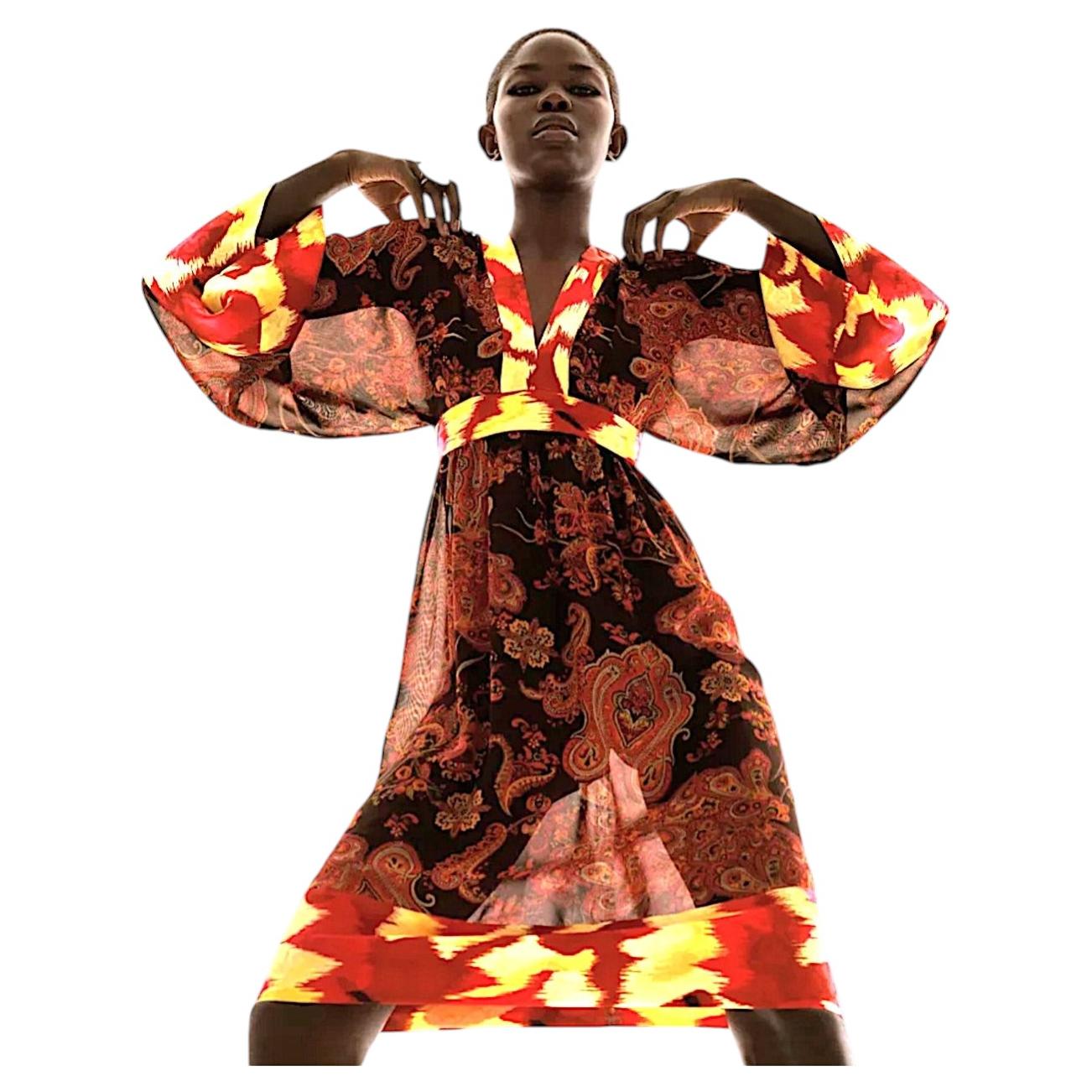 Pre-owned Duro Olowu England  Silk Mixed Print Kimono Sleeve Transparent "sally" Dress 2004 In Brown