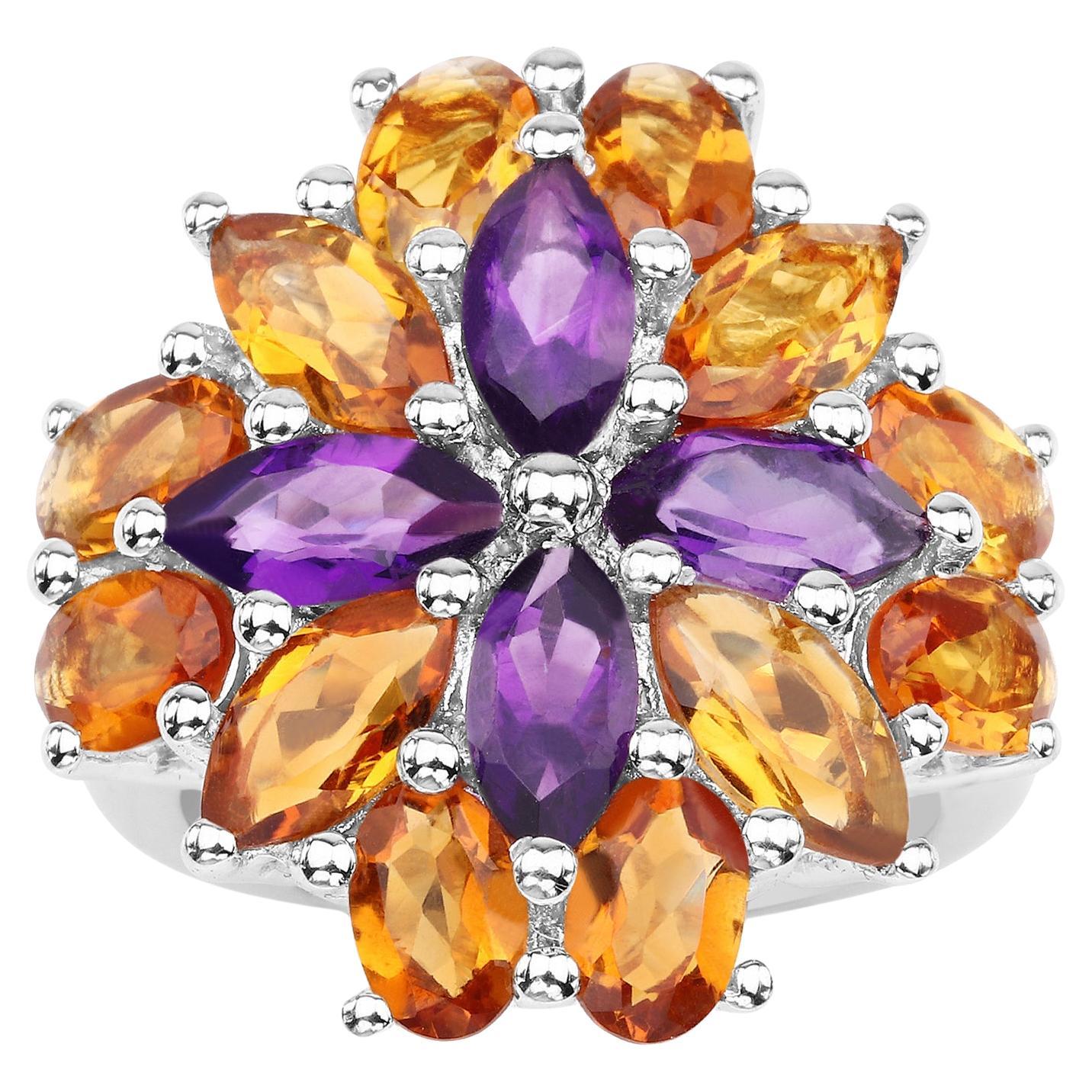 Madeira Citrine and Amethyst Cocktail Ring 8 Carats Sterling Silver For Sale