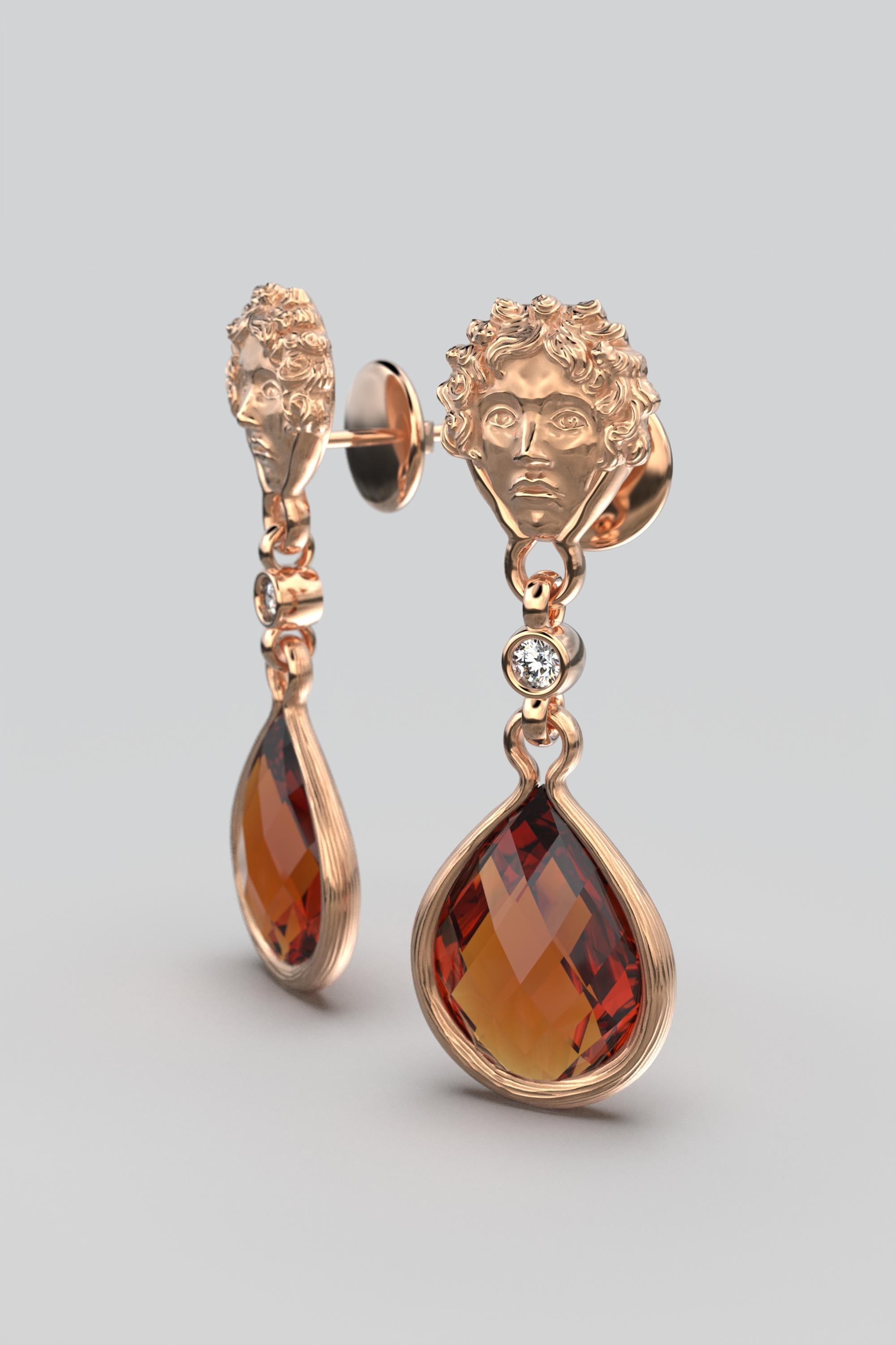Madeira Citrine and Diamond Dangle Drop Earrings in 18k Solid Gold Made in Italy For Sale 5