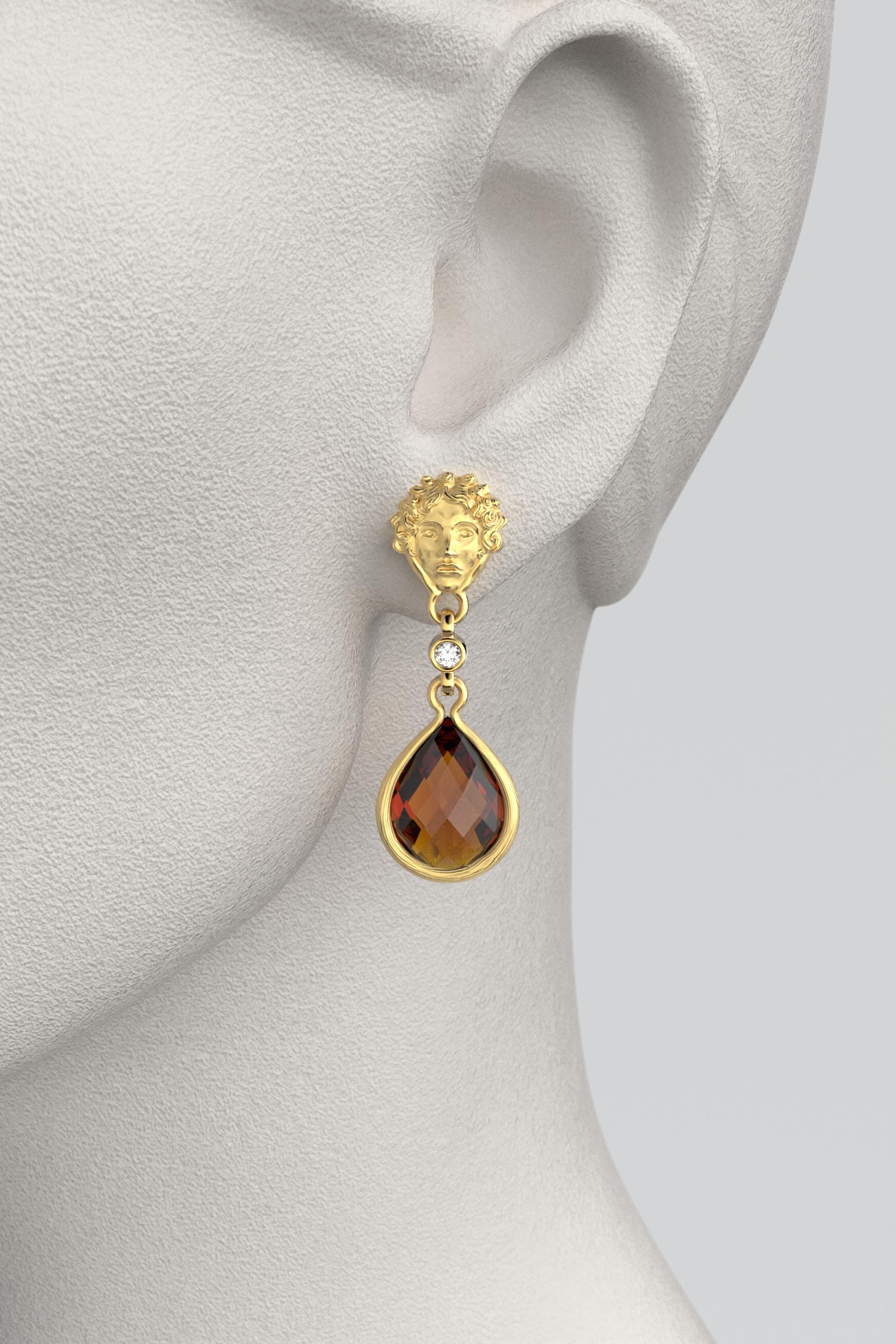 Women's Madeira Citrine and Diamond Dangle Drop Earrings in 18k Solid Gold Made in Italy For Sale