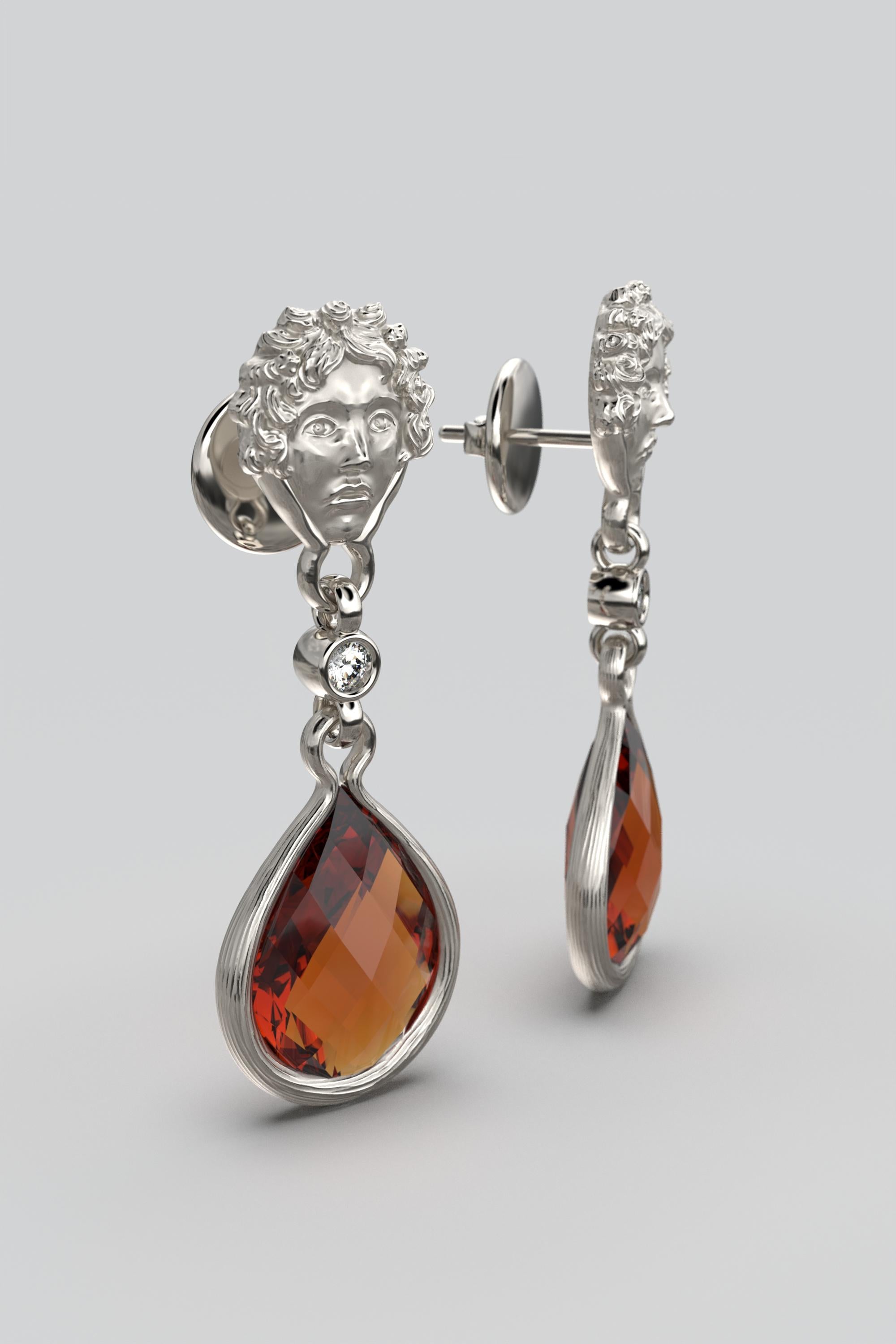 Madeira Citrine and Diamond Dangle Drop Earrings in 18k Solid Gold Made in Italy For Sale 1