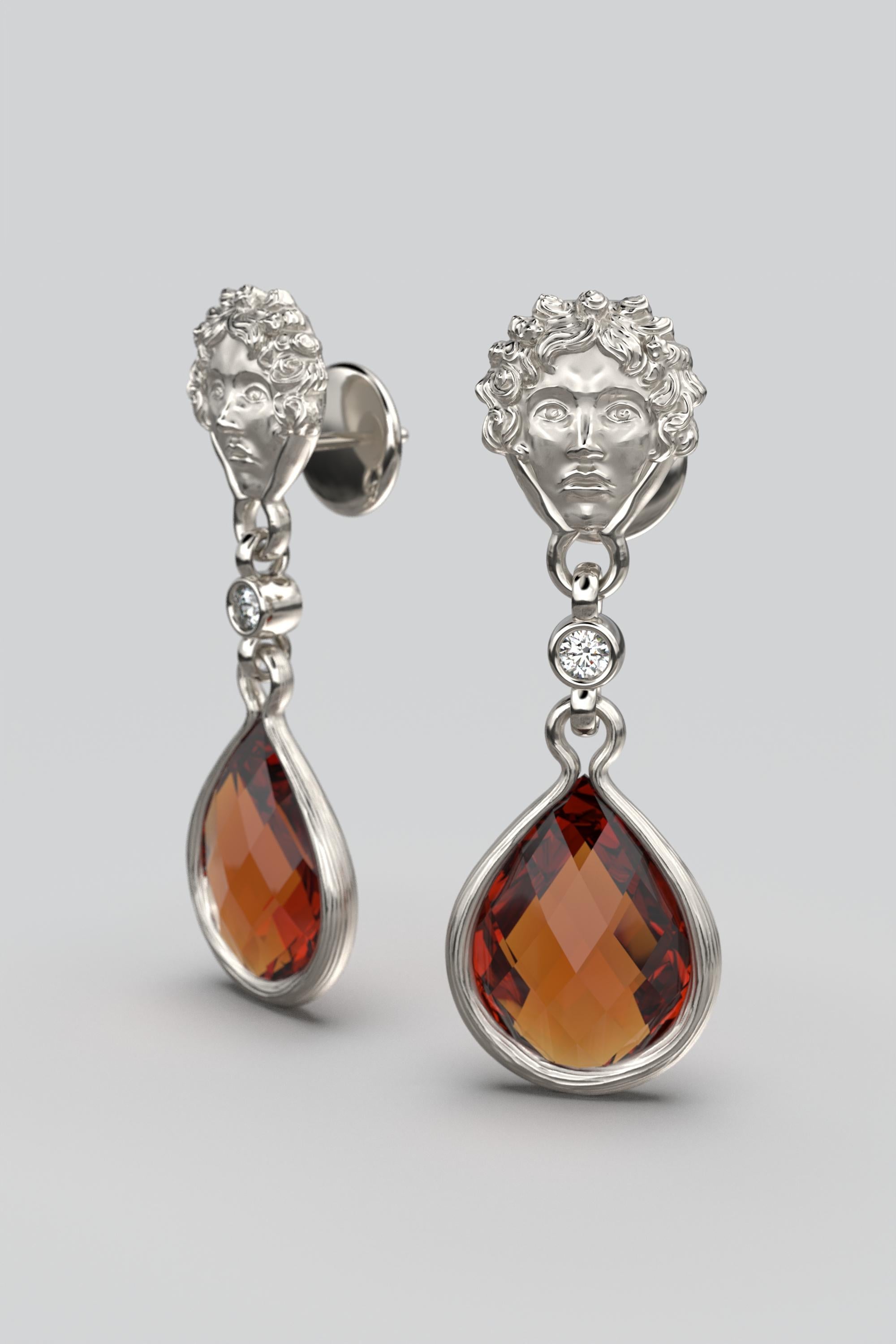 Madeira Citrine and Diamond Dangle Drop Earrings in 18k Solid Gold Made in Italy For Sale 3