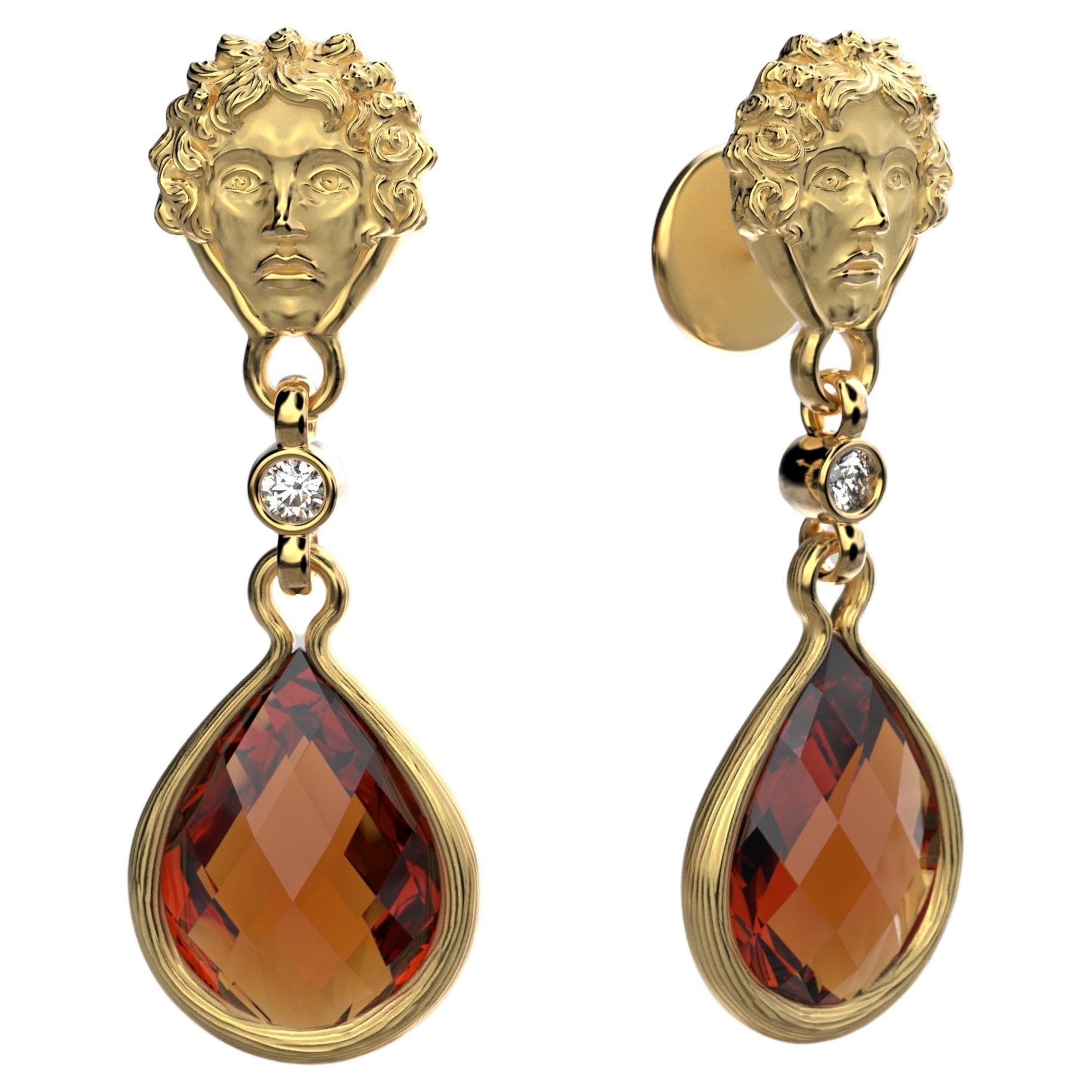 Madeira Citrine and Diamond Dangle Drop Earrings in 18k Solid Gold Made in Italy For Sale