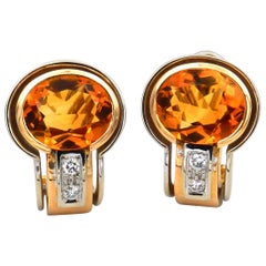 Vintage Madeira Citrine Diamond 18 Karat Two-Tone Gold Earrings, Antonini, Italy