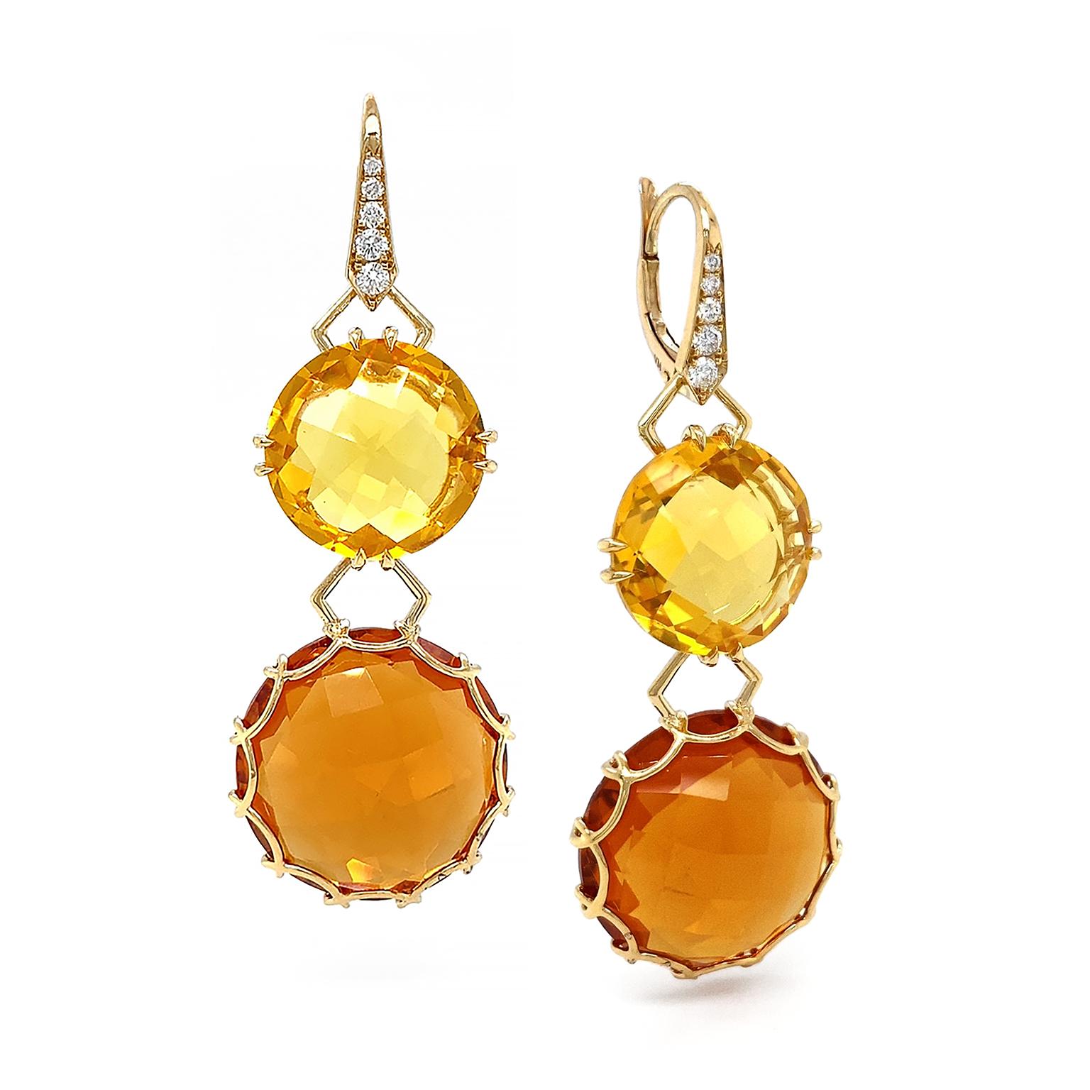 The assortment of citrine is presented in these earrings. Round brilliant cut diamonds are set in the 18k yellow gold lever backs. Angular bars lead to a drop of a round checkerboard cut of citrine set in prongs and another set of bars connects to a