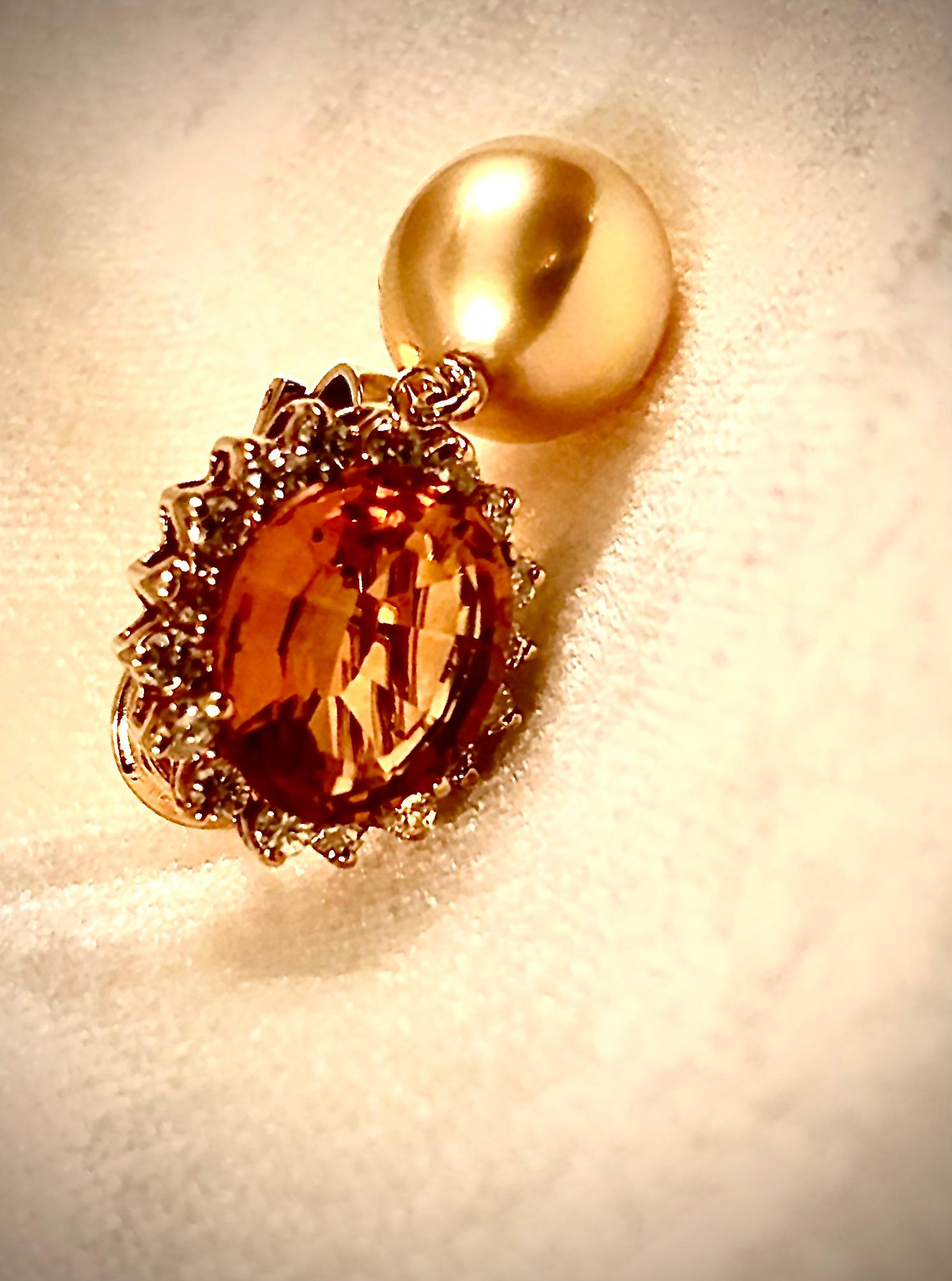 Modern Madeira citrine, golden south sea pearl and diamond earrings For Sale