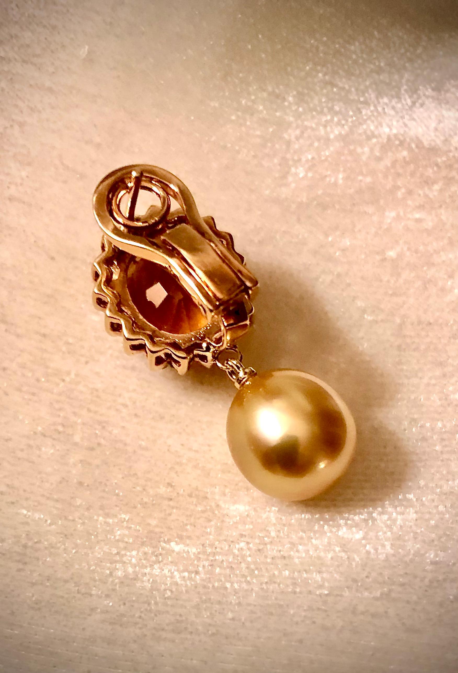 Madeira citrine, golden south sea pearl and diamond earrings In New Condition For Sale In New Orleans, LA