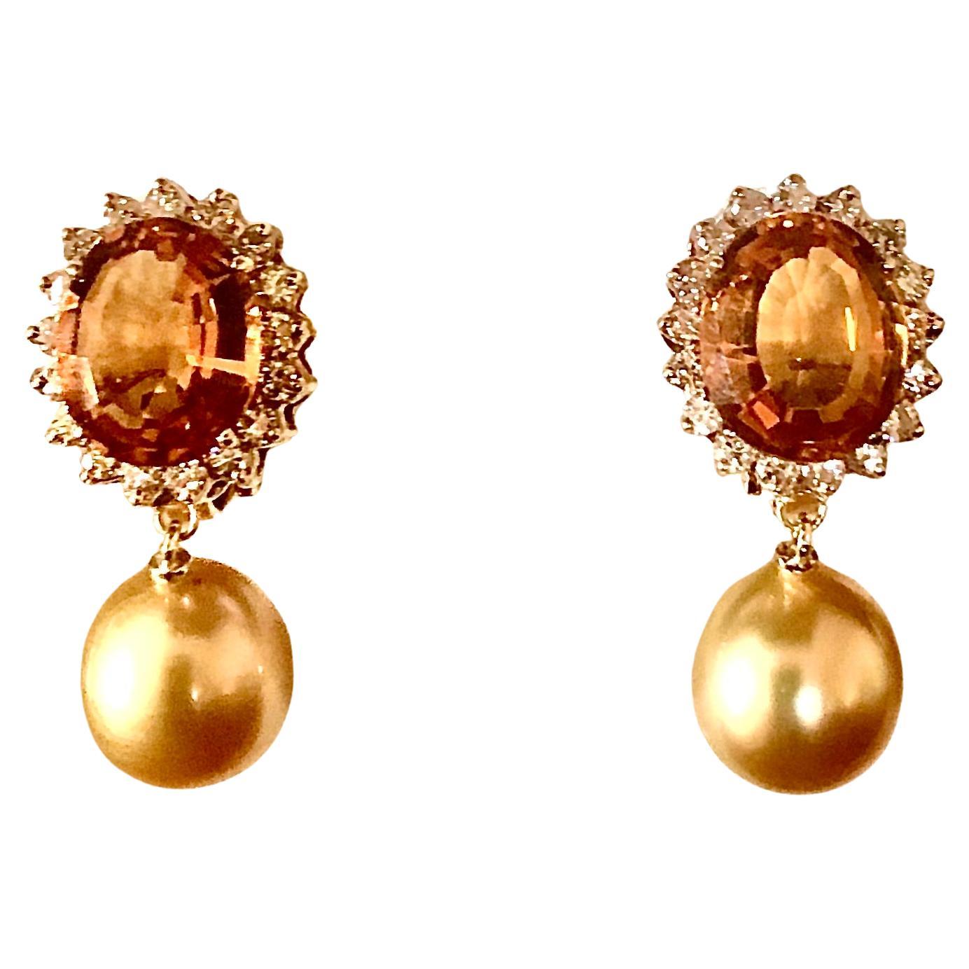 Madeira citrine, golden south sea pearl and diamond earrings For Sale