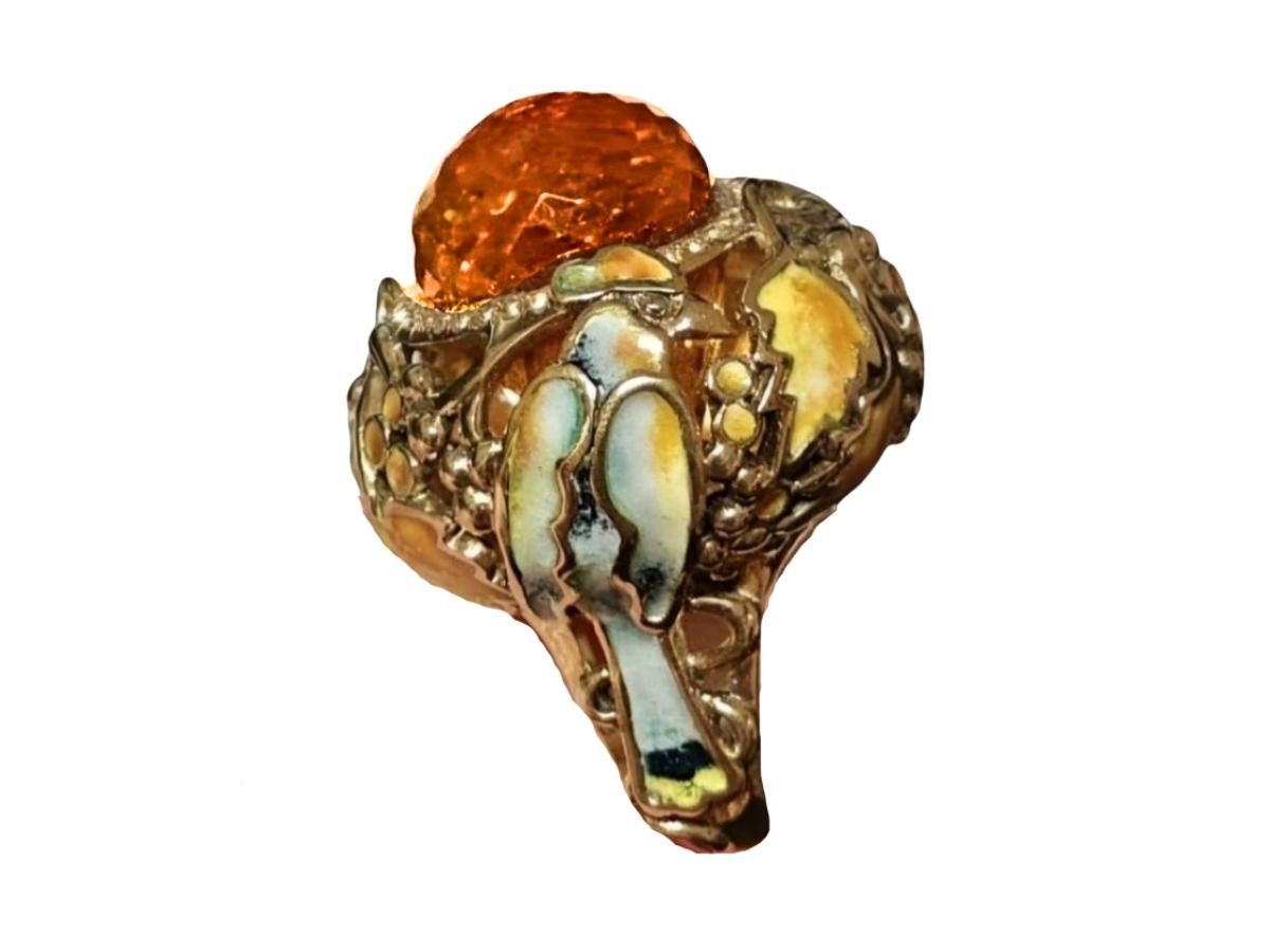 Taille briolette Bague d'automne en or jaune 18K avec citrine de Madère et émail chaud Art by Konforti en vente