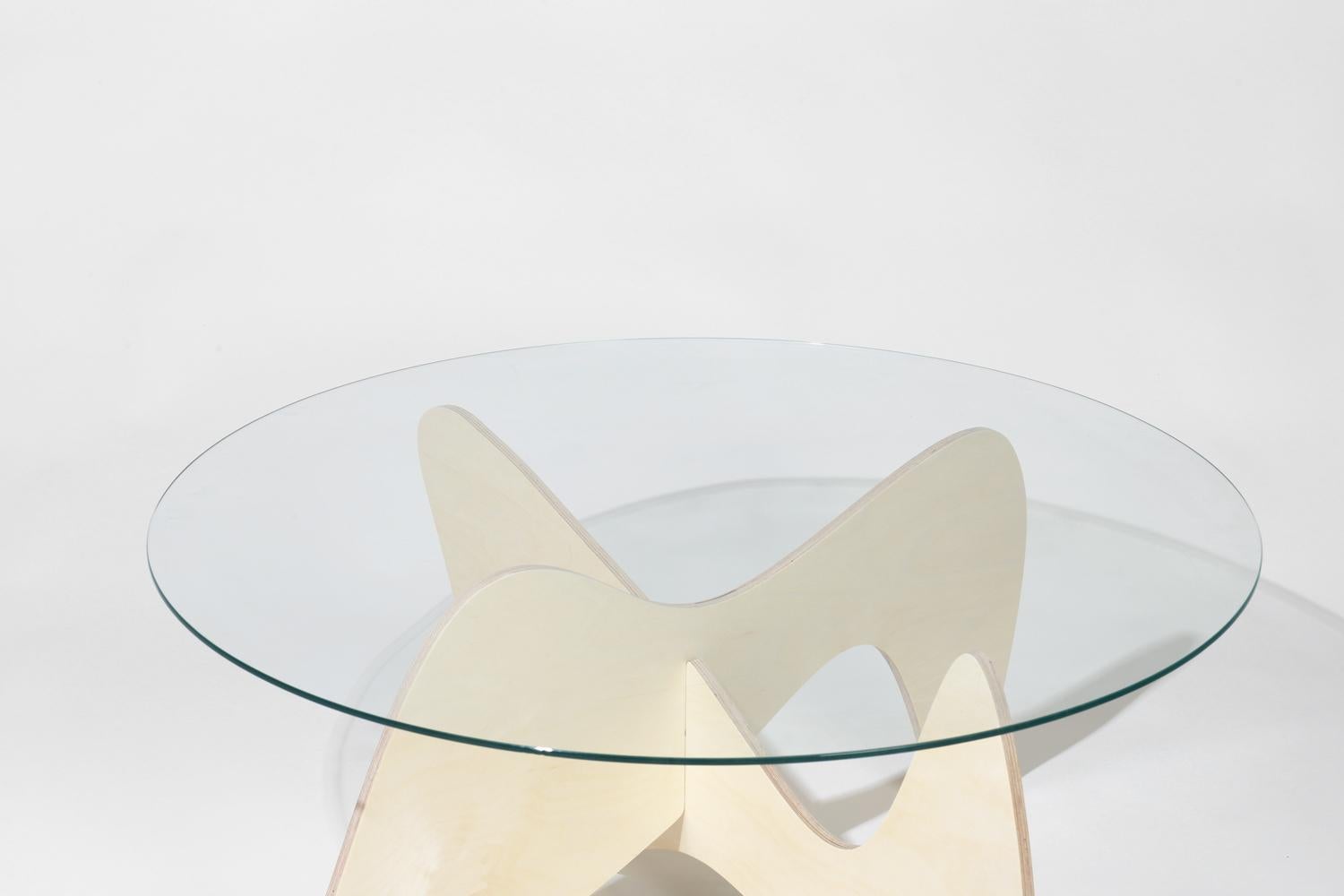 American Madeira Coffee Table, Clear Glass / Birch Base For Sale