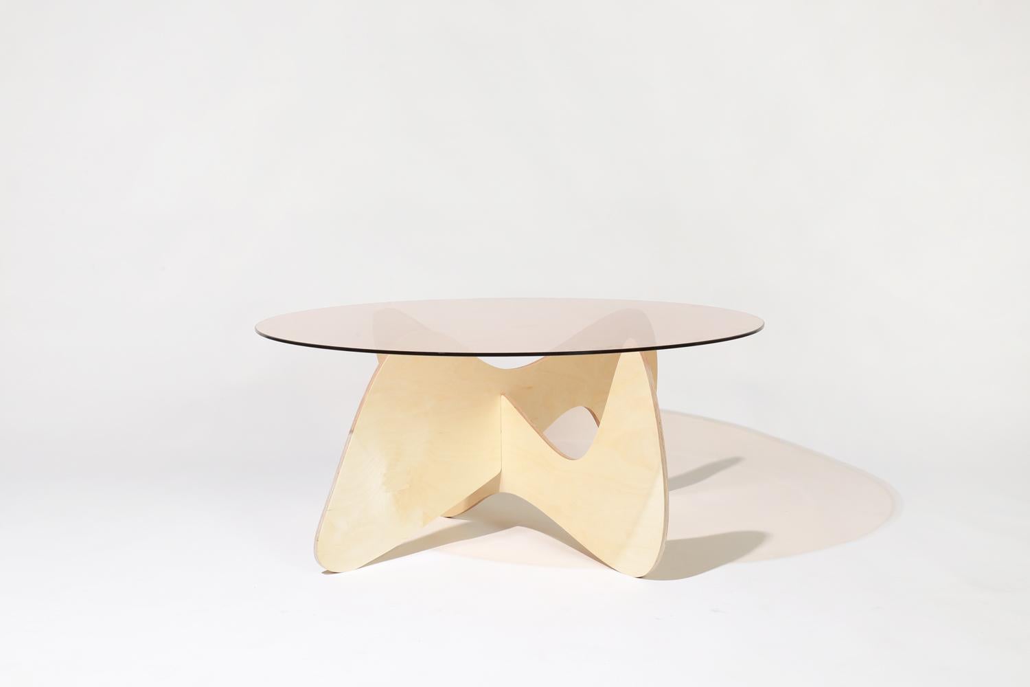 Modern Madeira Coffee Table, Rose Glass / Birch Base For Sale