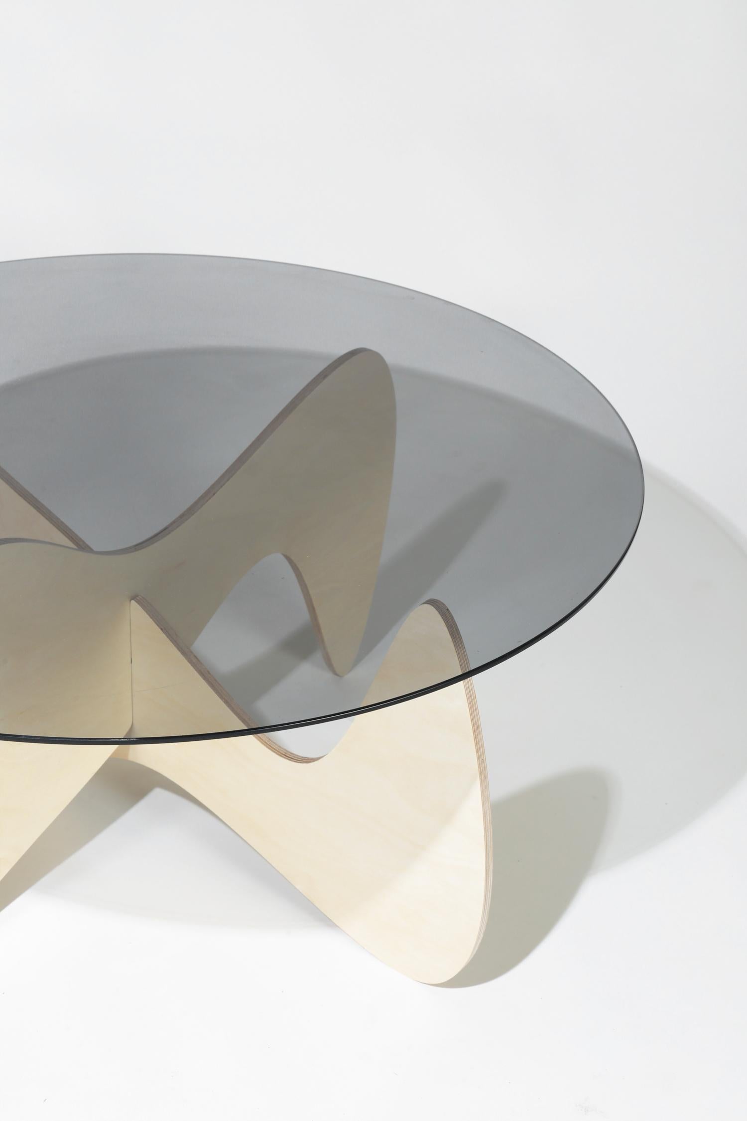 Modern Madeira Coffee Table, Smoked Glass / Birch Base For Sale