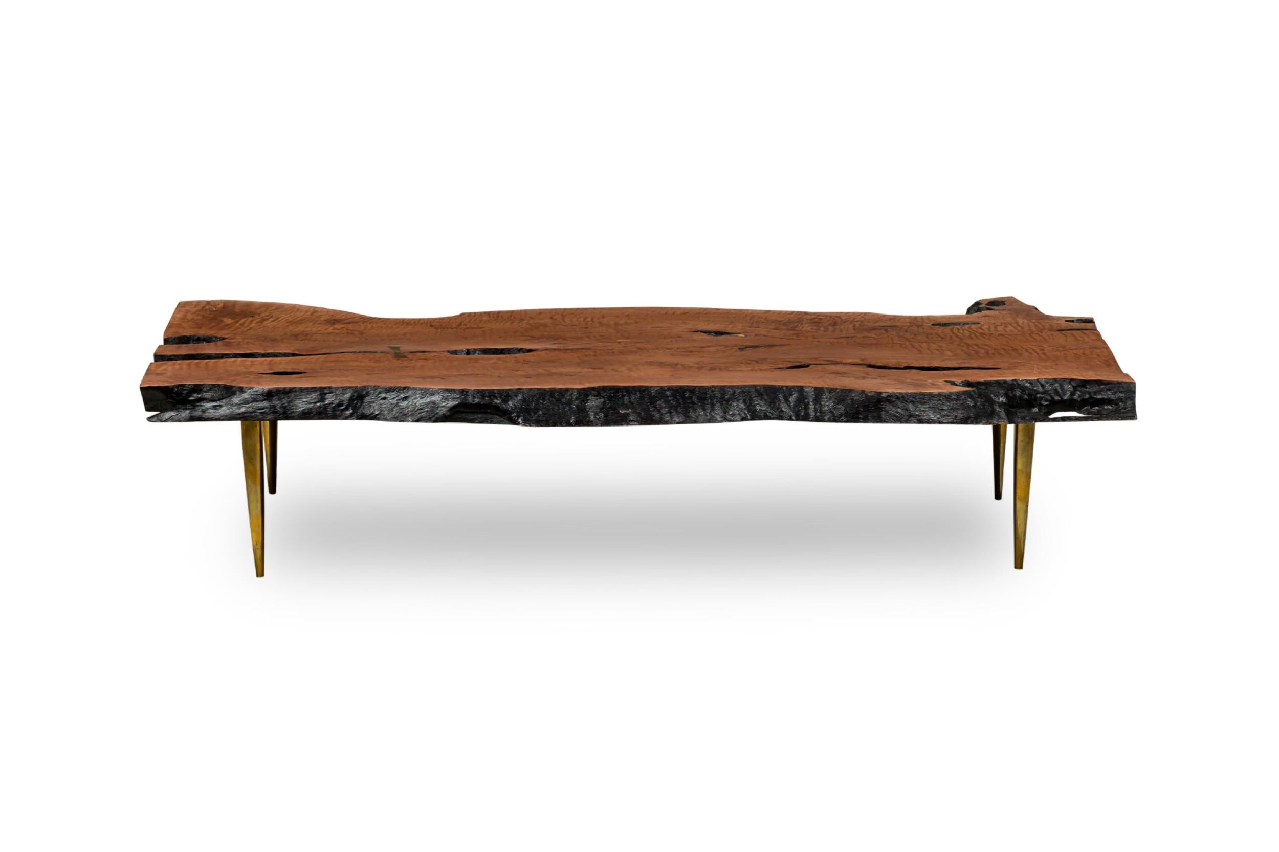 Table basse rectangulaire « Madeira » en bois pétrifié à bord vif et bronze poli Bon état - En vente à Queens, NY