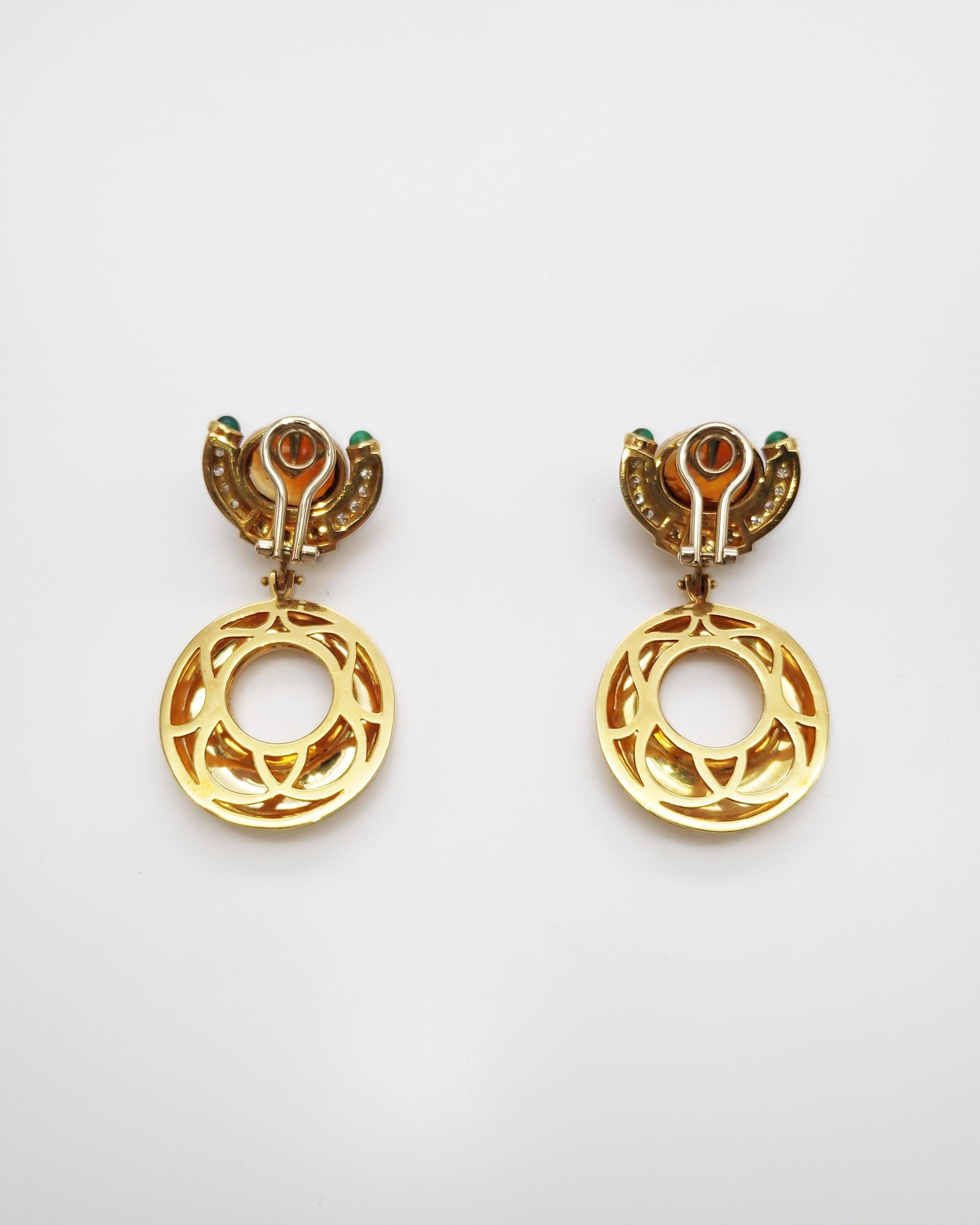 Modern Madeira Topaz Earrings 18 Karat Gold and Emeralds For Sale