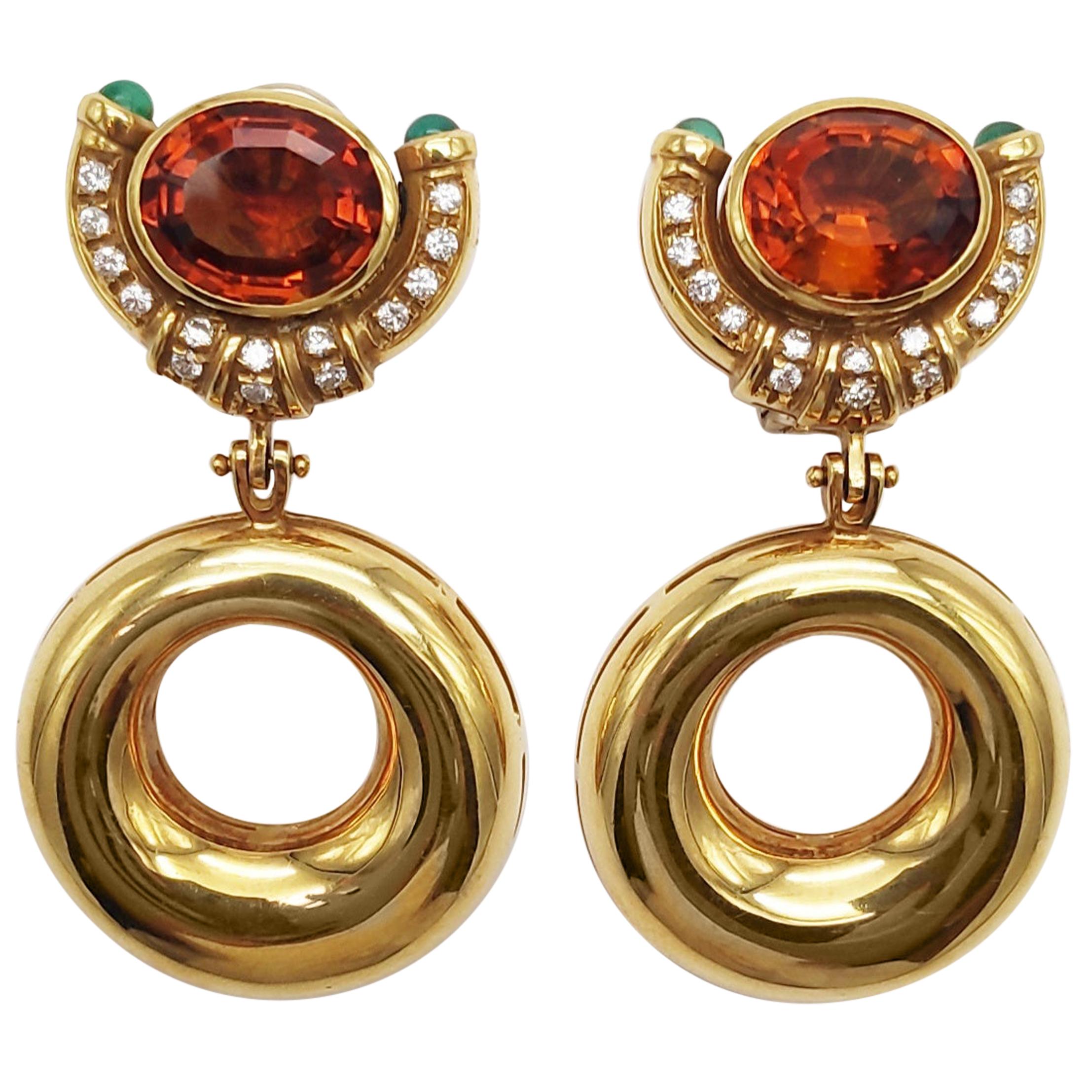 Madeira Topaz Earrings 18 Karat Gold and Emeralds For Sale