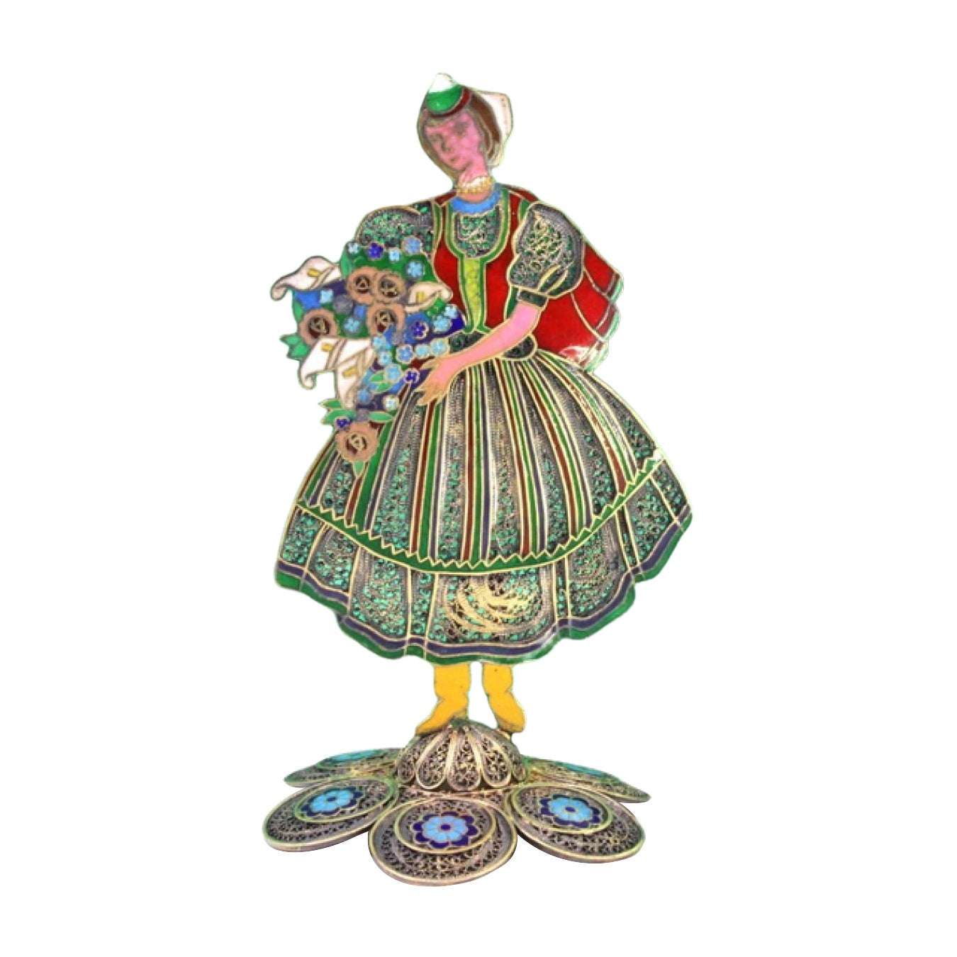 Madeiran flower seller in enameled filigree on a base with circles For Sale