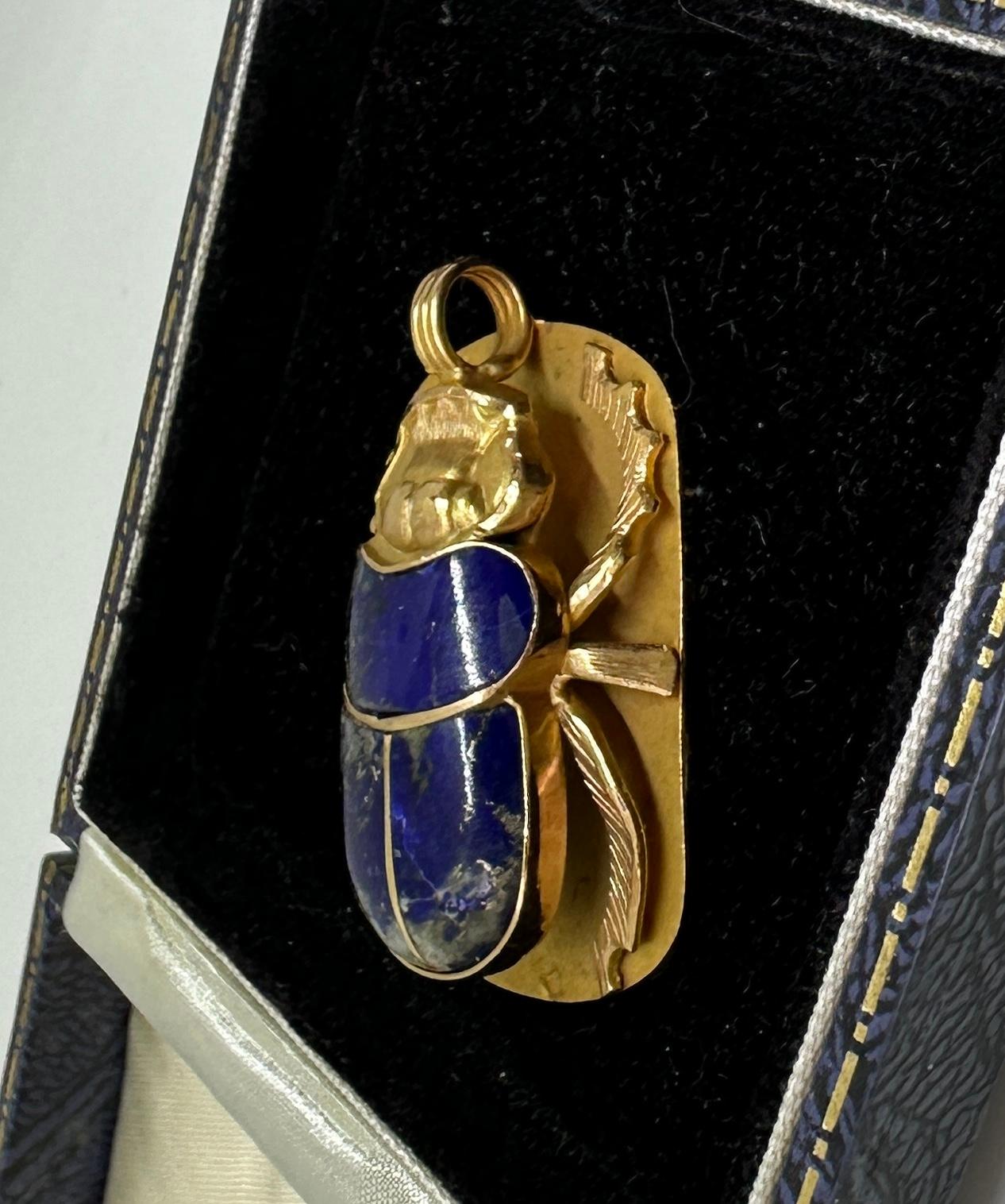 Madeleine Albright's Scarab Pendant Necklace 18 Karat Gold Lapis With Book For Sale 7