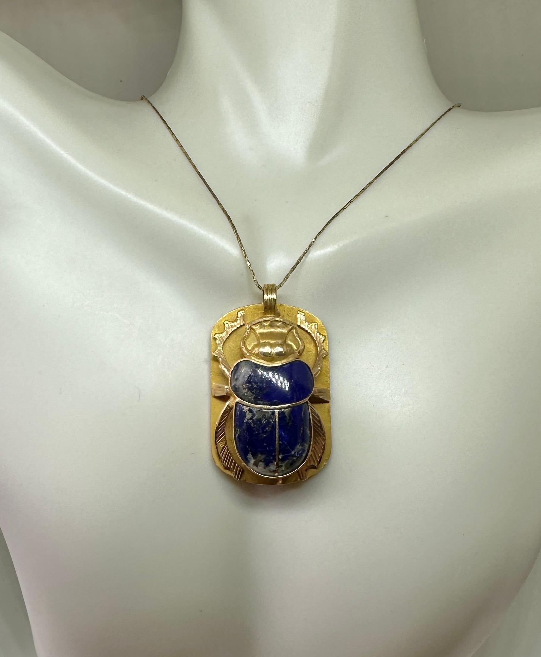 Mixed Cut Madeleine Albright's Scarab Pendant Necklace 18 Karat Gold Lapis With Book For Sale