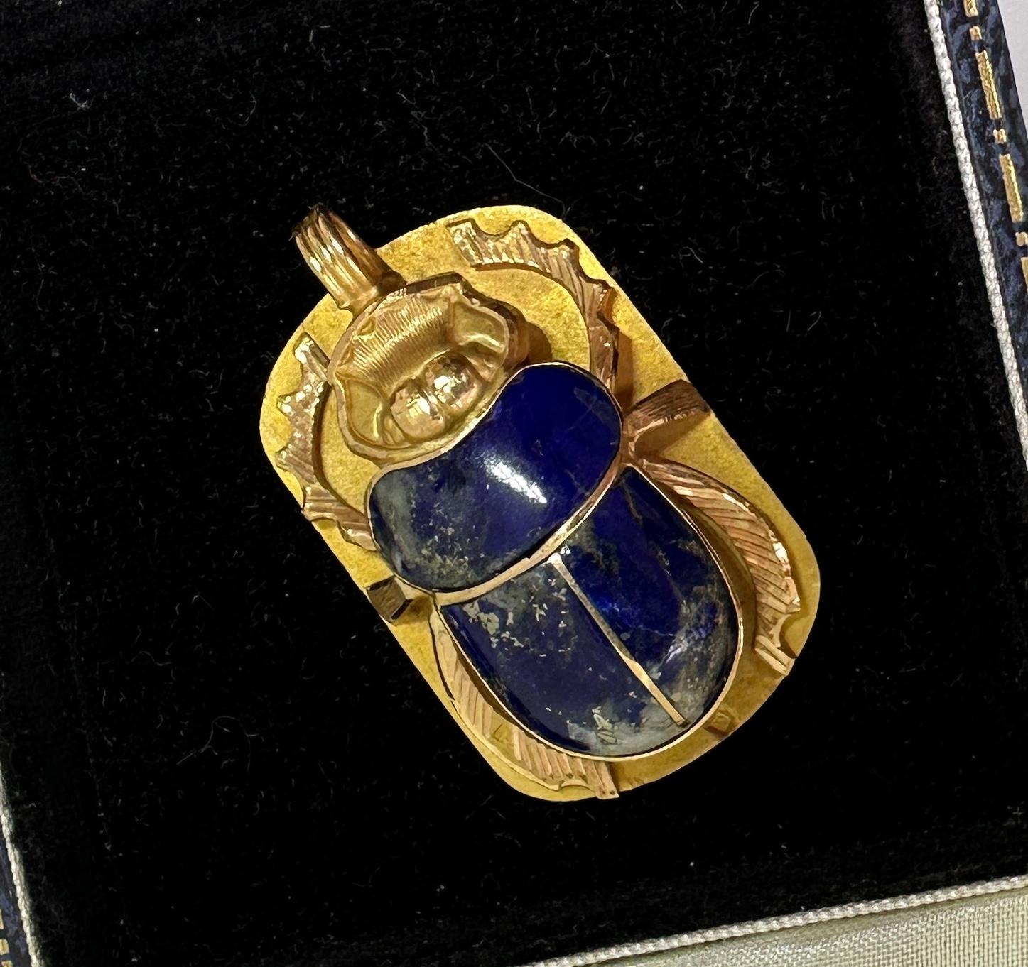 Madeleine Albright's Scarab Pendant Necklace 18 Karat Gold Lapis With Book For Sale 1