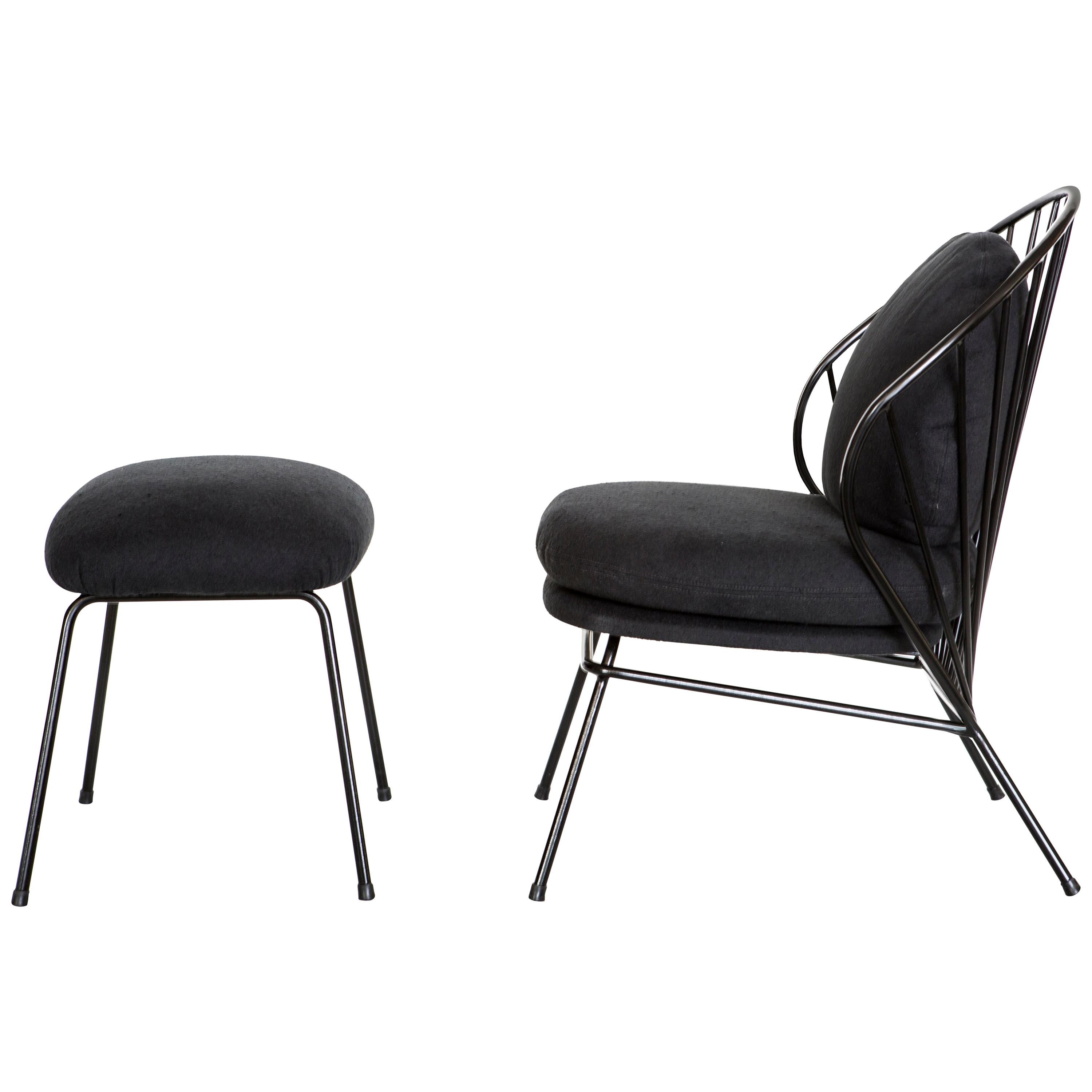 Moore and Giles Sand Leather and Antique Brass Armchair and Ottoman For