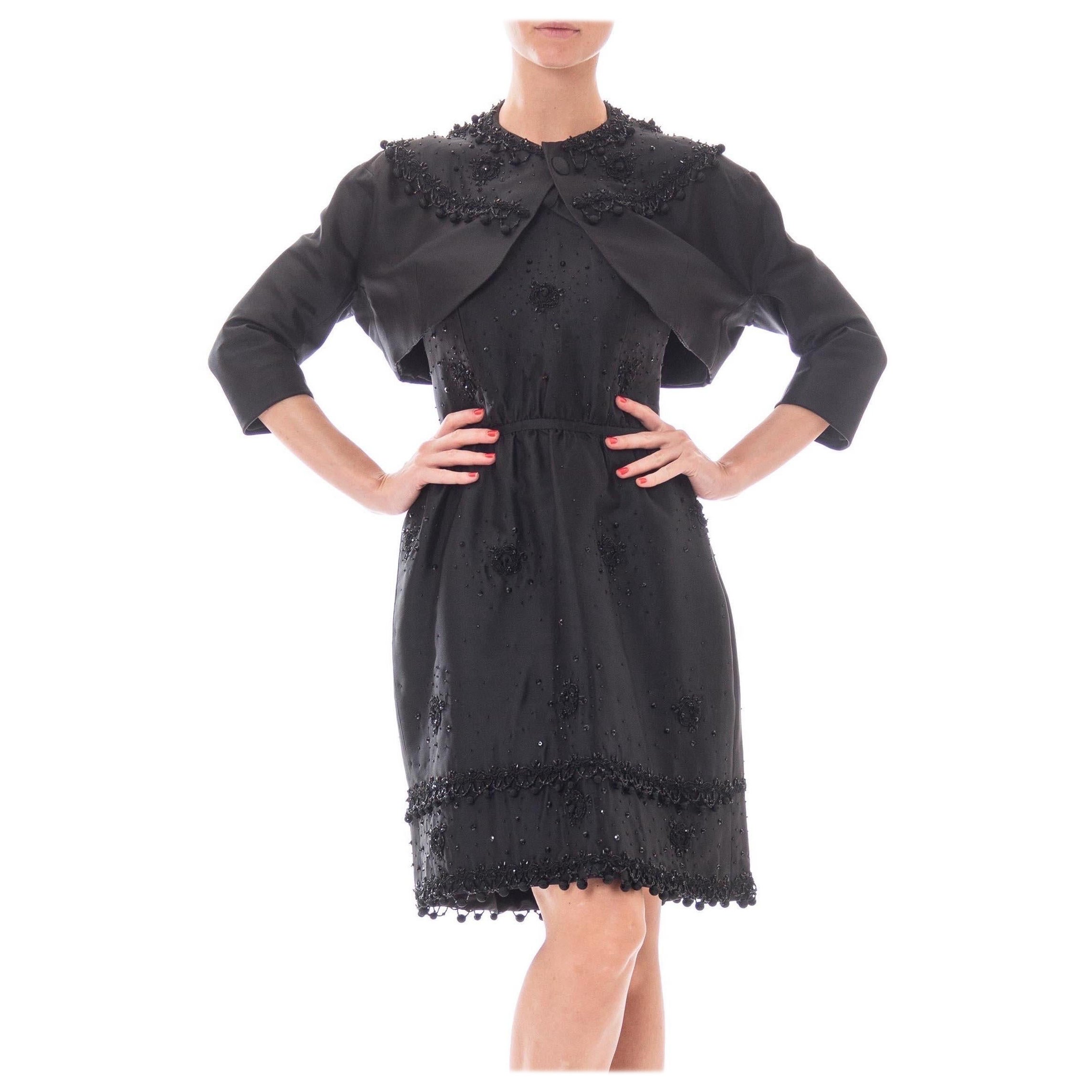 MADELEINE DE RAUCH Nero Haute Couture Seta Gazzar Passementrie Cocktail con Perline in vendita