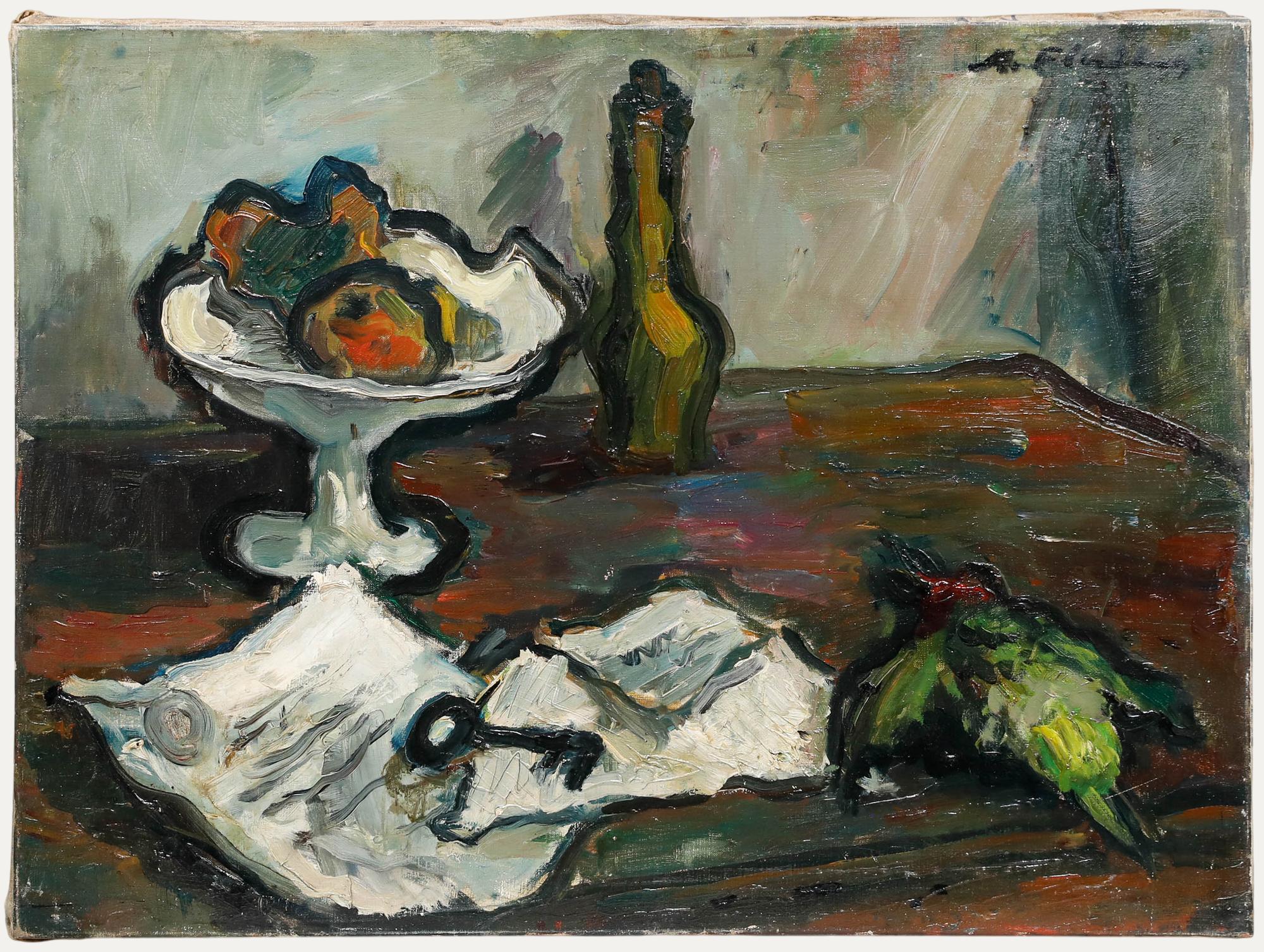 An expressive mid 20th-century life study by the artist Madeleine Flaschner (1933-2022). Signed to the upper right. Further signed, titled and dated verso. On canvas. 
