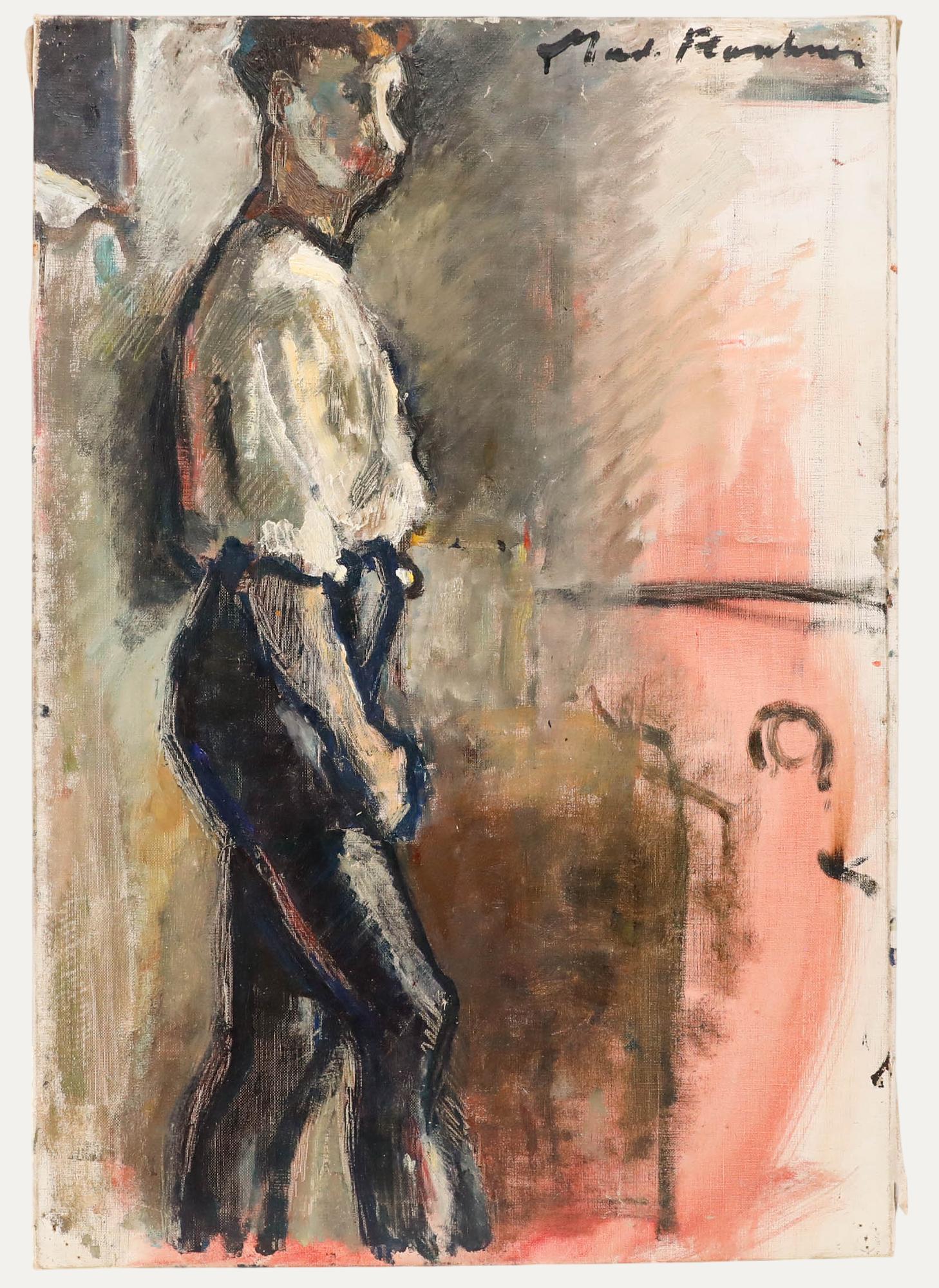 This expressive figurative painting depicts a solitary male figure in profile, rendered in loose, gestural brushstrokes with a palette dominated by earth tones, muted greens, and warm flesh tones. Signed to the upper right. On canvas. 