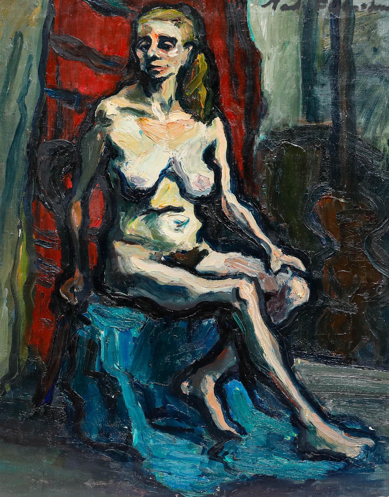 Madeleine Flaschner (1933-2022)  - 20th Century Oil, Nude on Red and Blue 1