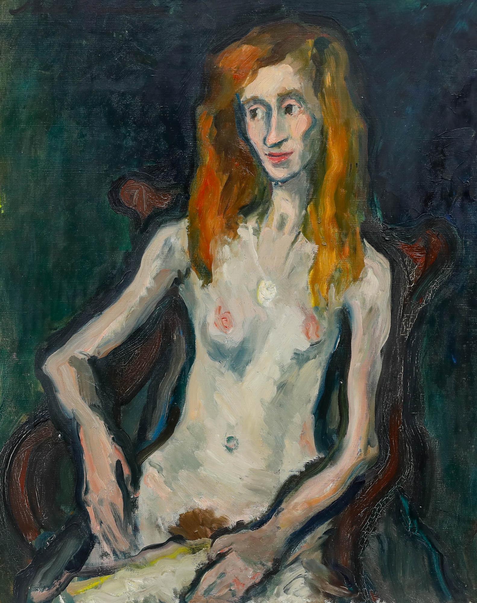 Madeleine Flaschner (1933-2022) - 20. Jahrhundert Öl, sitzende Nachrichten im Angebot 1