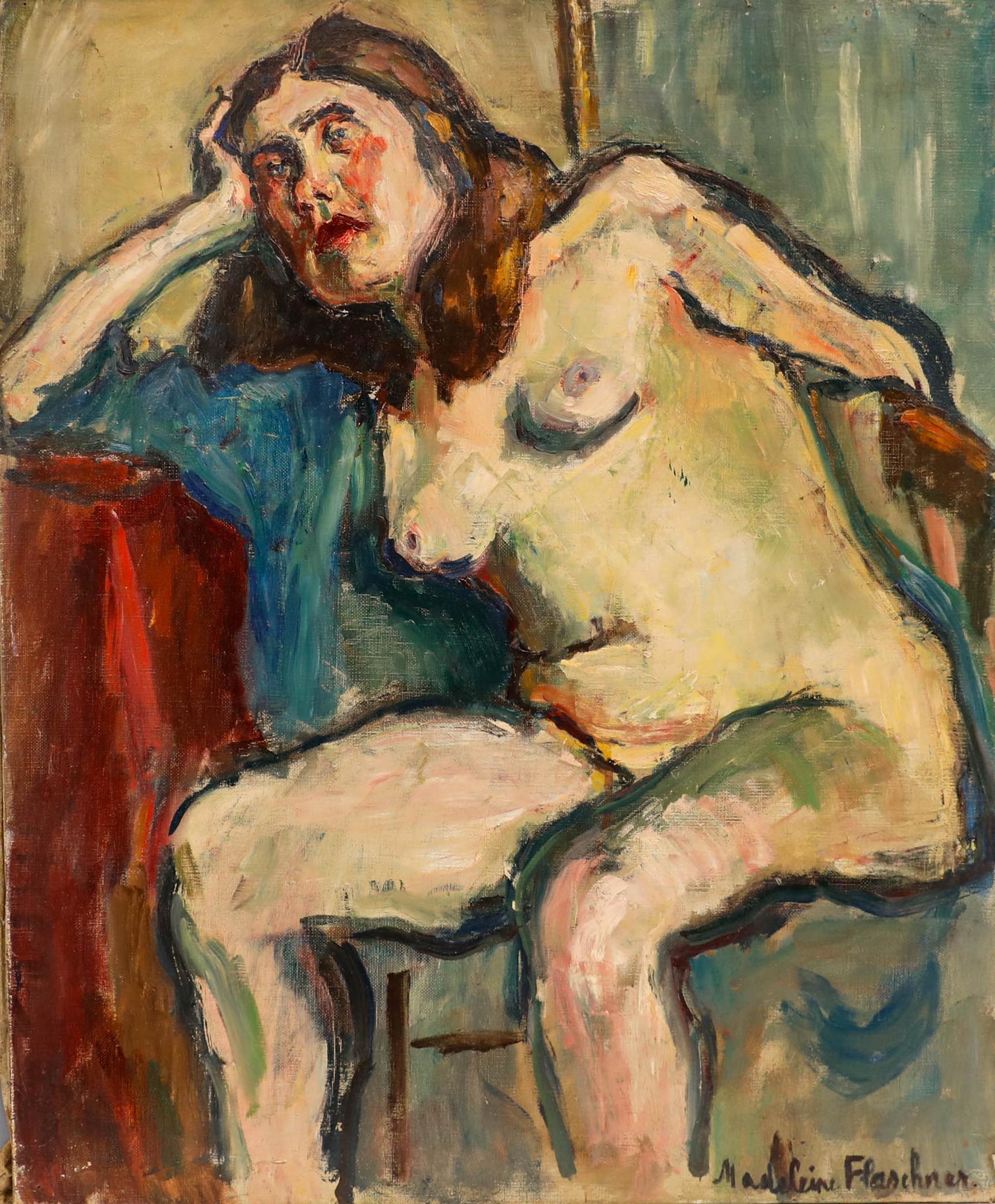 Madeleine Flaschner (1933-2022) - Mid 20th Century Oil, Nude on Chair For Sale 1