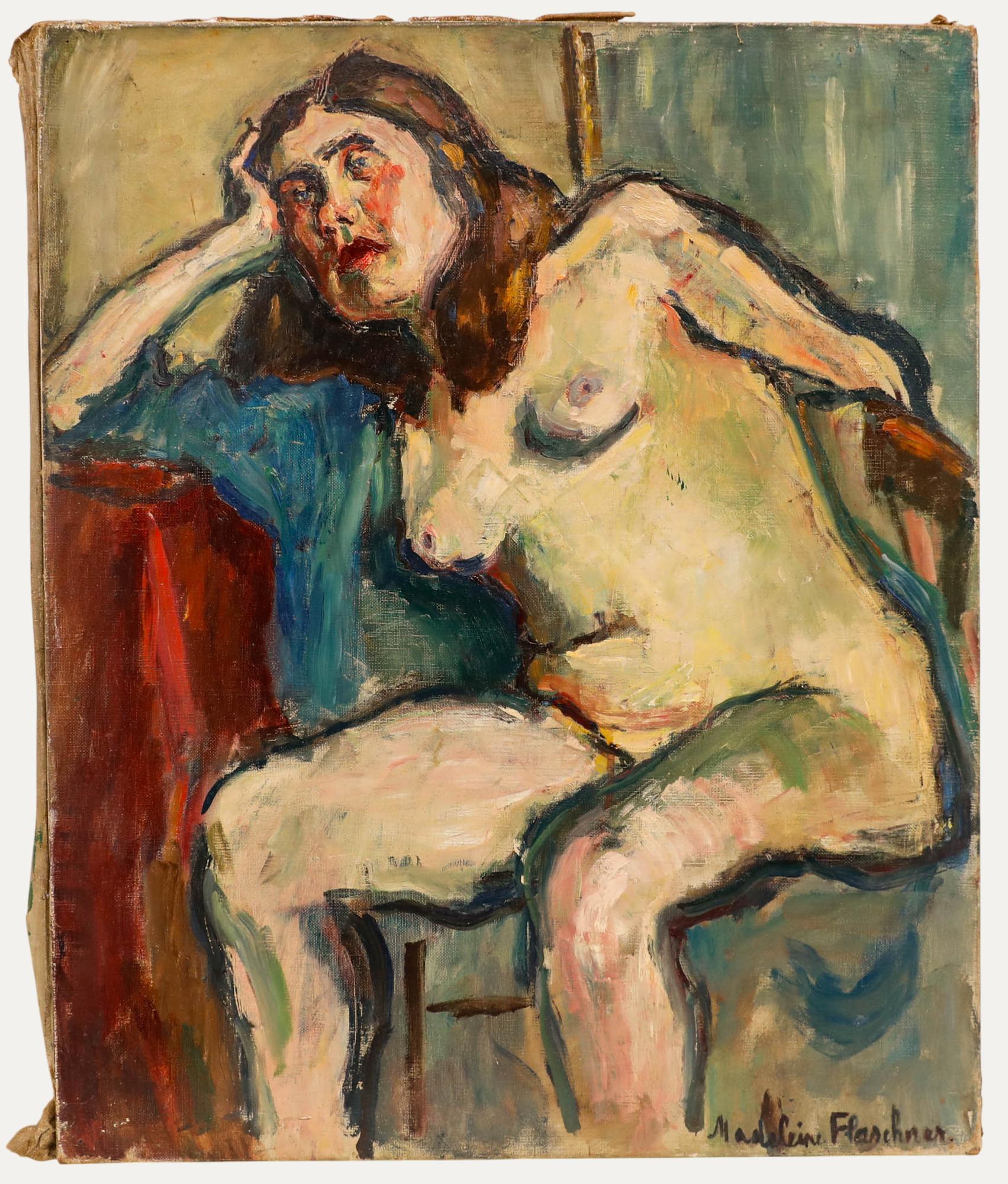 An expressive mid 20th century life study by the artist Madeleine Flaschner (1933-2022). The lady is depicted in a contemplative pose, with her hand raised to her head in a gesture suggesting deep thought or melancholy. The artist employs bold,