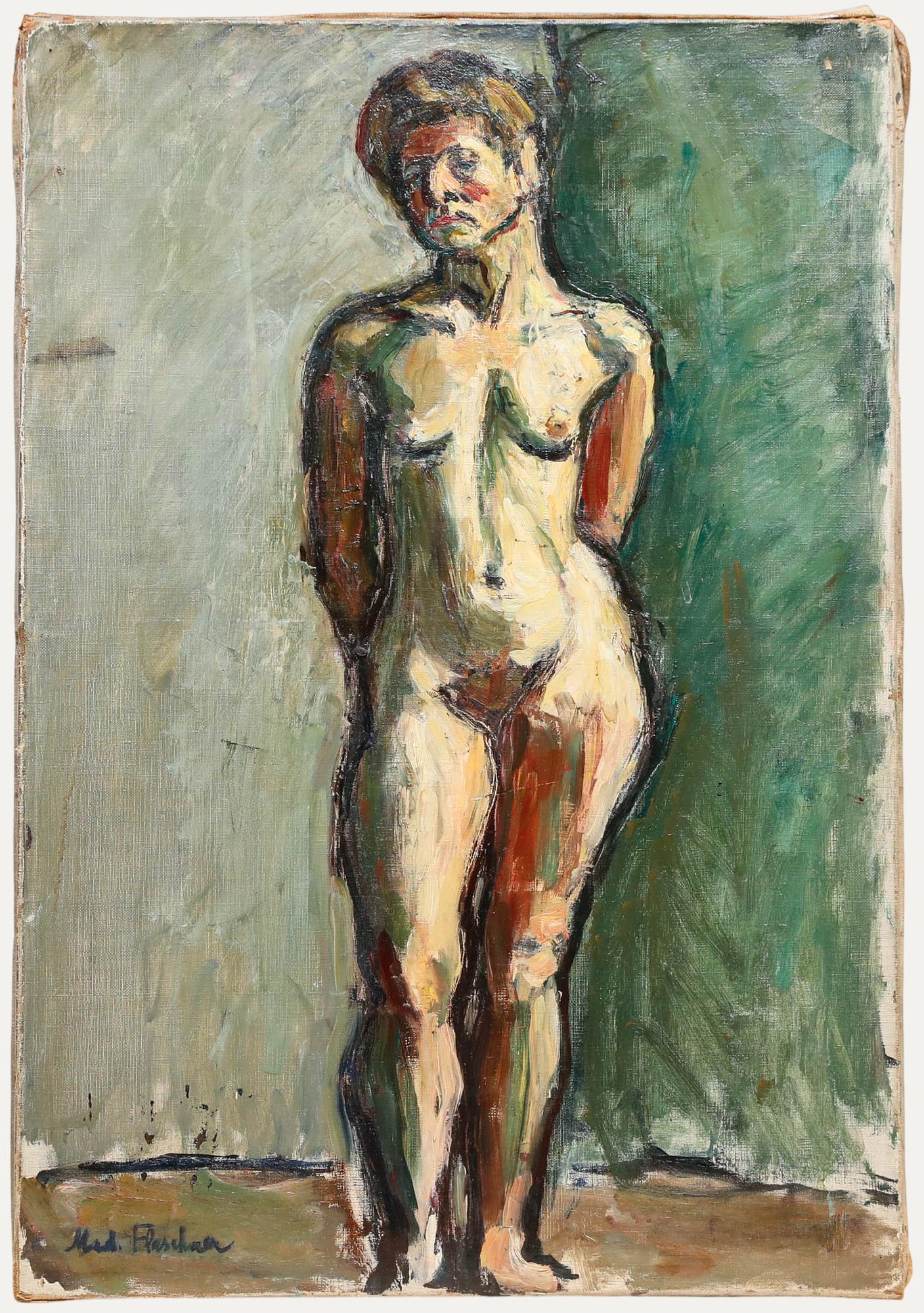 An expressive mid-20th century life study by the artist Madeleine Flaschner (1933-2022). Signed to the lower left. Further signed verso. On canvas on stretchers.