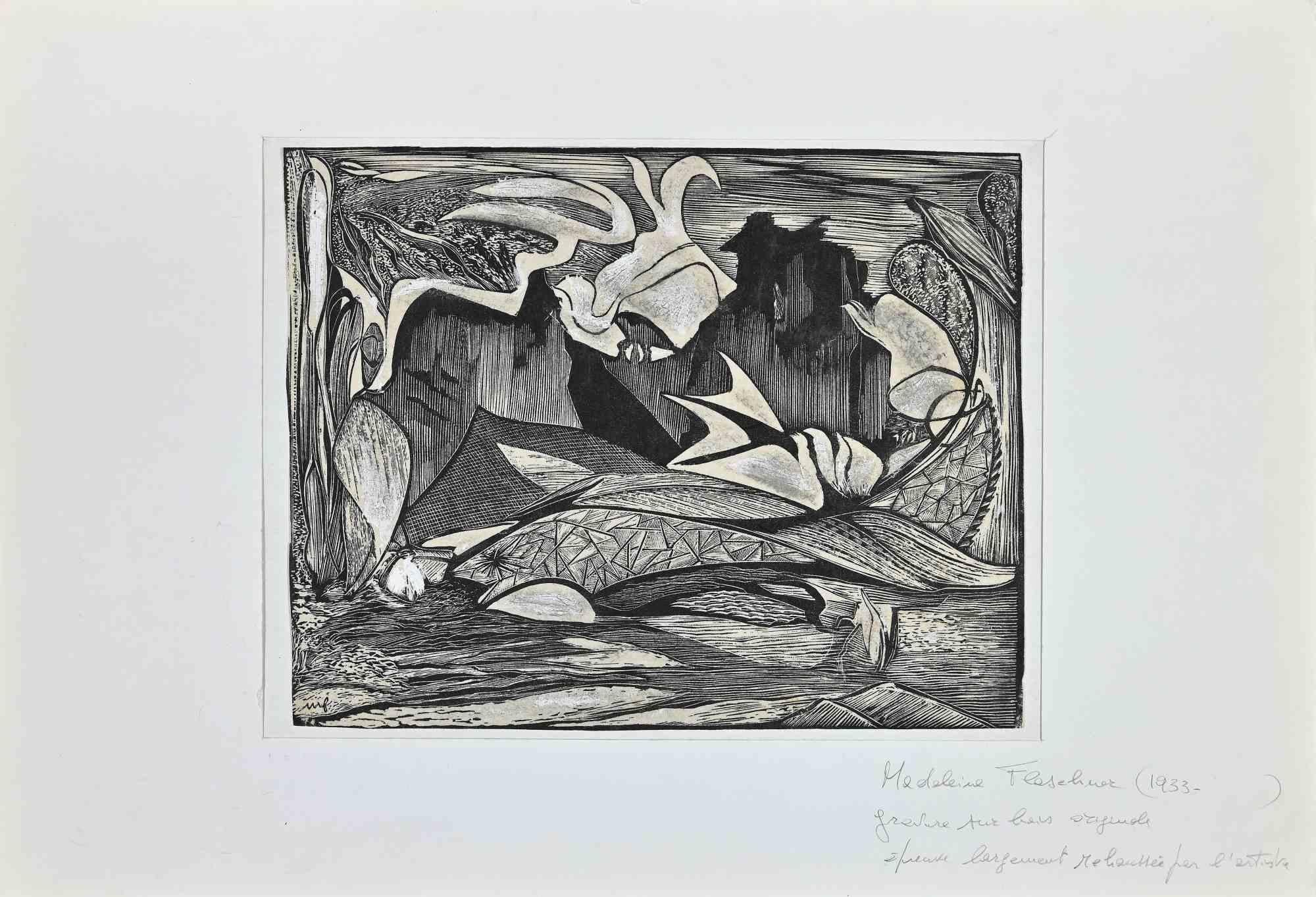 Composition - Original Woodcut Print By Madeleine Flaschner - Late-20th Century For Sale 1