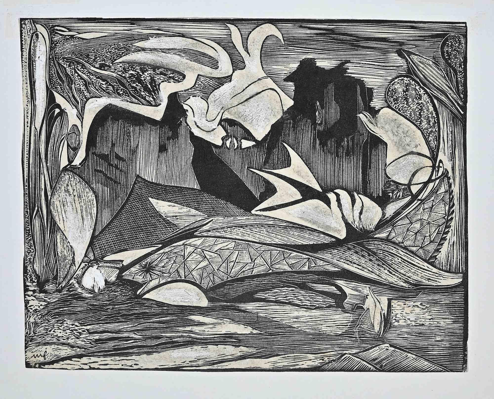 Composition is an Original Woodcut realized by Madeleine Flaschner (1933-....).

The artwork is an experience greatly enhanced by the artist.

Monogrammed on the lower left corner.

Good condition included a white cardboard passpartout (35x51 cm).
