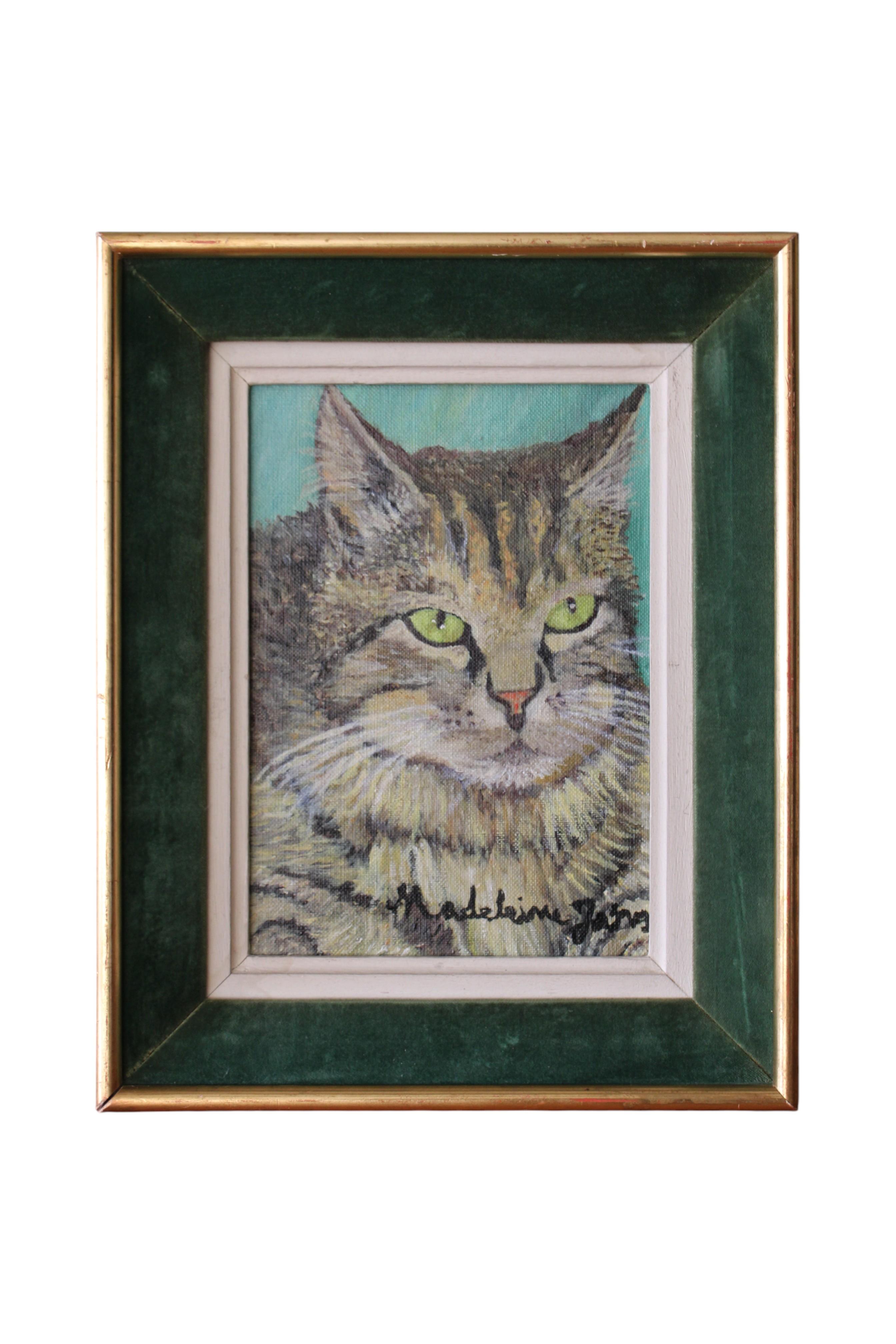 Vintage Katze Porträt Ölgemälde auf Leinwand, signiert und datiert 1968