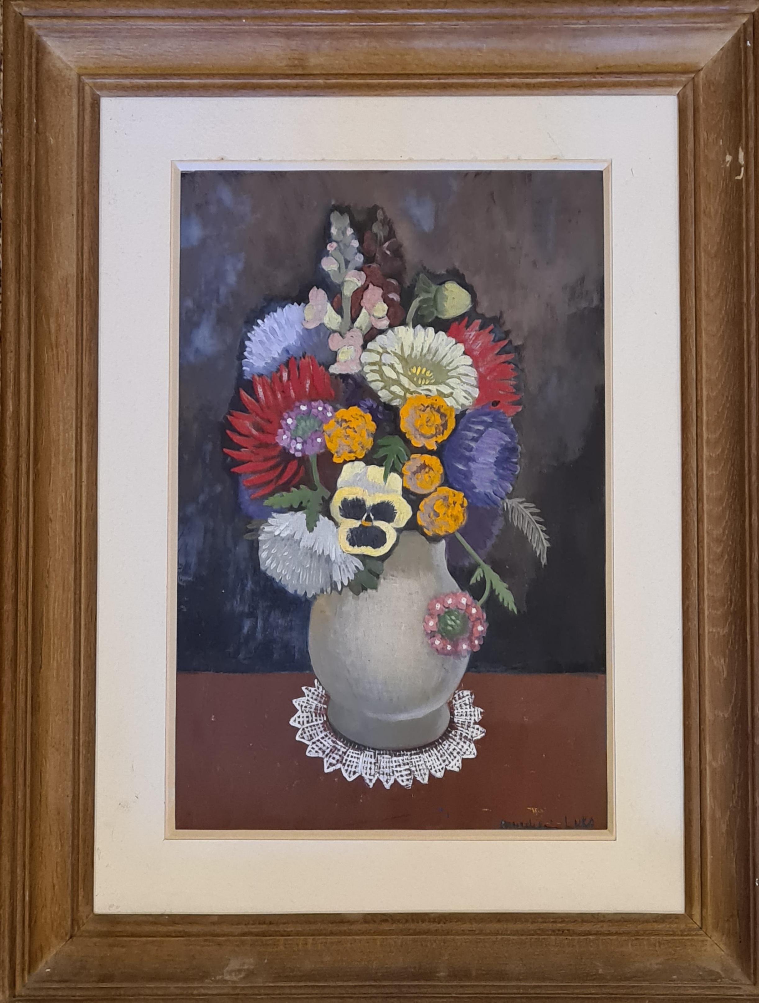 Mid 20th Century Still Life, 'Naive School' Vase of Flowers - Painting by Madeleine Luka