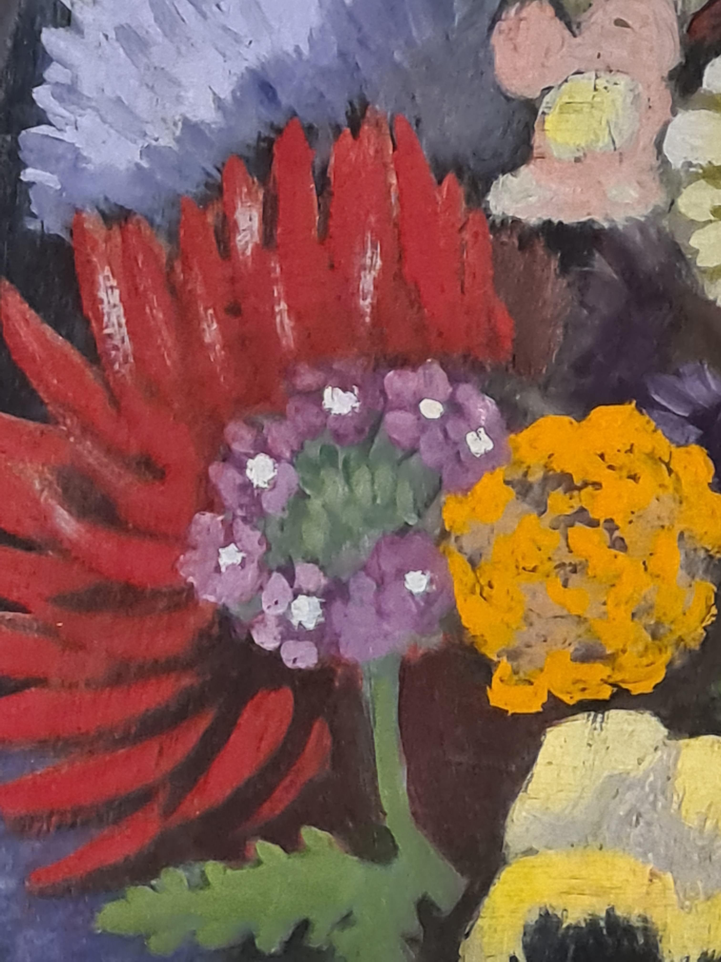 French 'Naive' mid 20th century oil on board painting of flowers in a vase by Madeleine Luka. Signed bottom right, presented in period carved wood frame. There is a title written on the backboard (see photo).

A joyful painting full of strong,