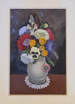 Mid-Century-Stillleben, „Naive School“-Vase mit Blumen