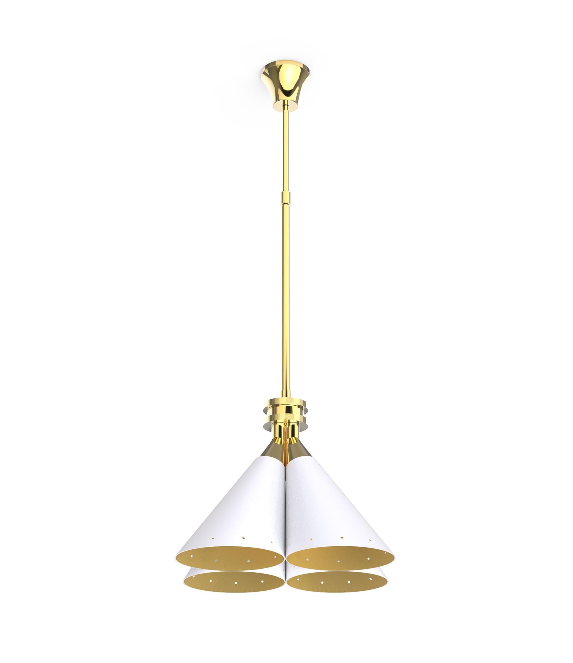Inspired by a flower bouquet, delightfull designers designed Madeleine, an industrial pendant lighting. With four cone swiveling pinhole lights, this brass pendant lamp features a matte white interior and a gold powder paint inside finishing. This