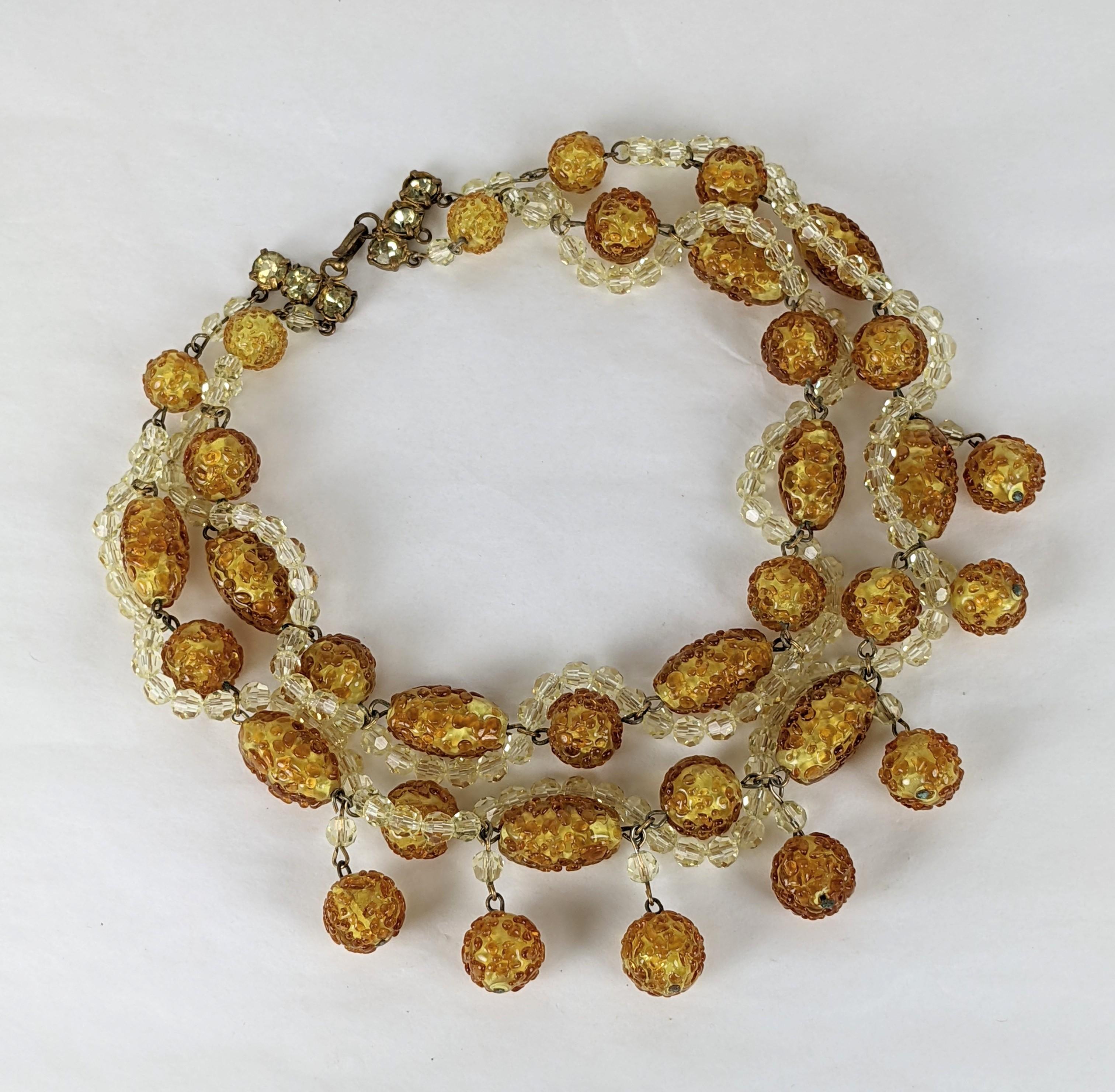Unusual Madeleine Riviere rare Maison Gripoix bead and crystal collar. The two strand necklace has pendant drops which have hand poured mottled glass over each pate de verre topaz Gripoix bead. Strung with small citrine faceted crystals. Clasp of