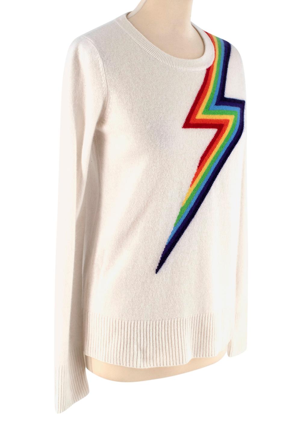 Madeleine Thompson Ivory Rainbow Pattern Cashmere Sweater

White multicolored cashmere rainbow pattern sweater from Madeleine Thompson featuring a crew neck and long sleeves.

- Luxurious super soft cashmere texture 
- Rainbow pattern resembling a
