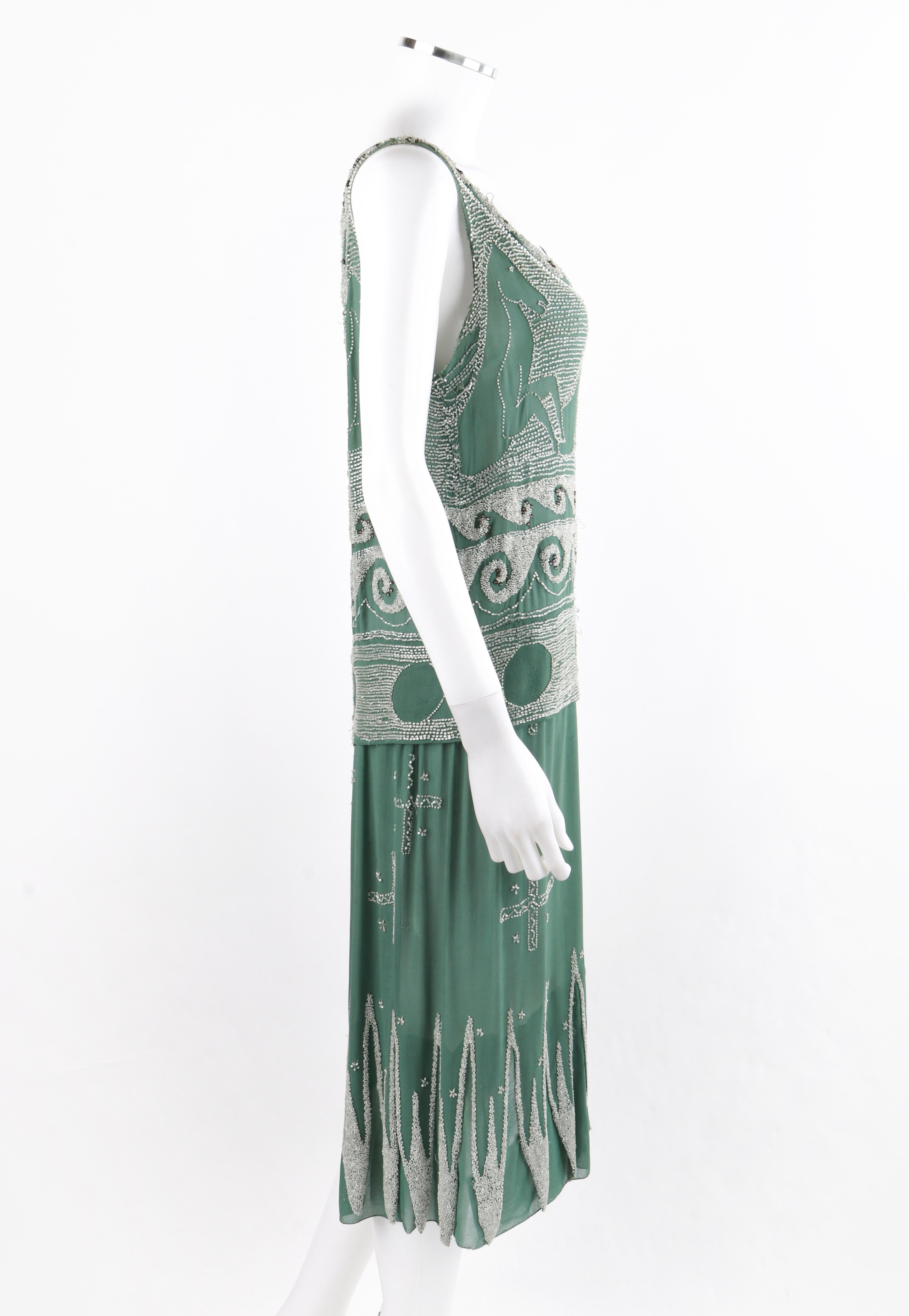 Gray MADELEINE VIONNET c.1924 “Little Horses” Soft Green Glass Beaded Flapper Dress For Sale