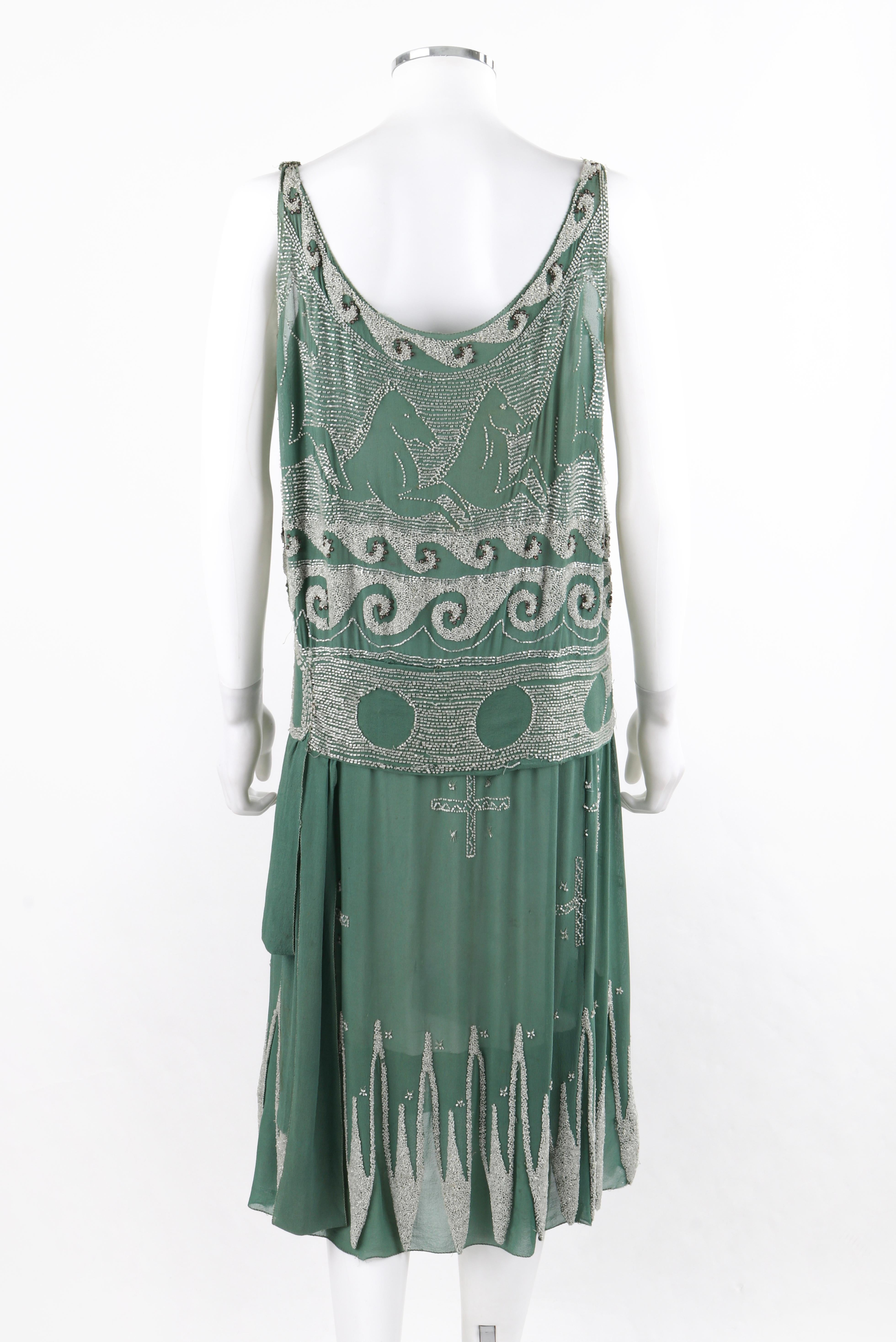 MADELEINE VIONNET c.1924 “Little Horses” Soft Green Glass Beaded Flapper Dress In Fair Condition For Sale In Thiensville, WI