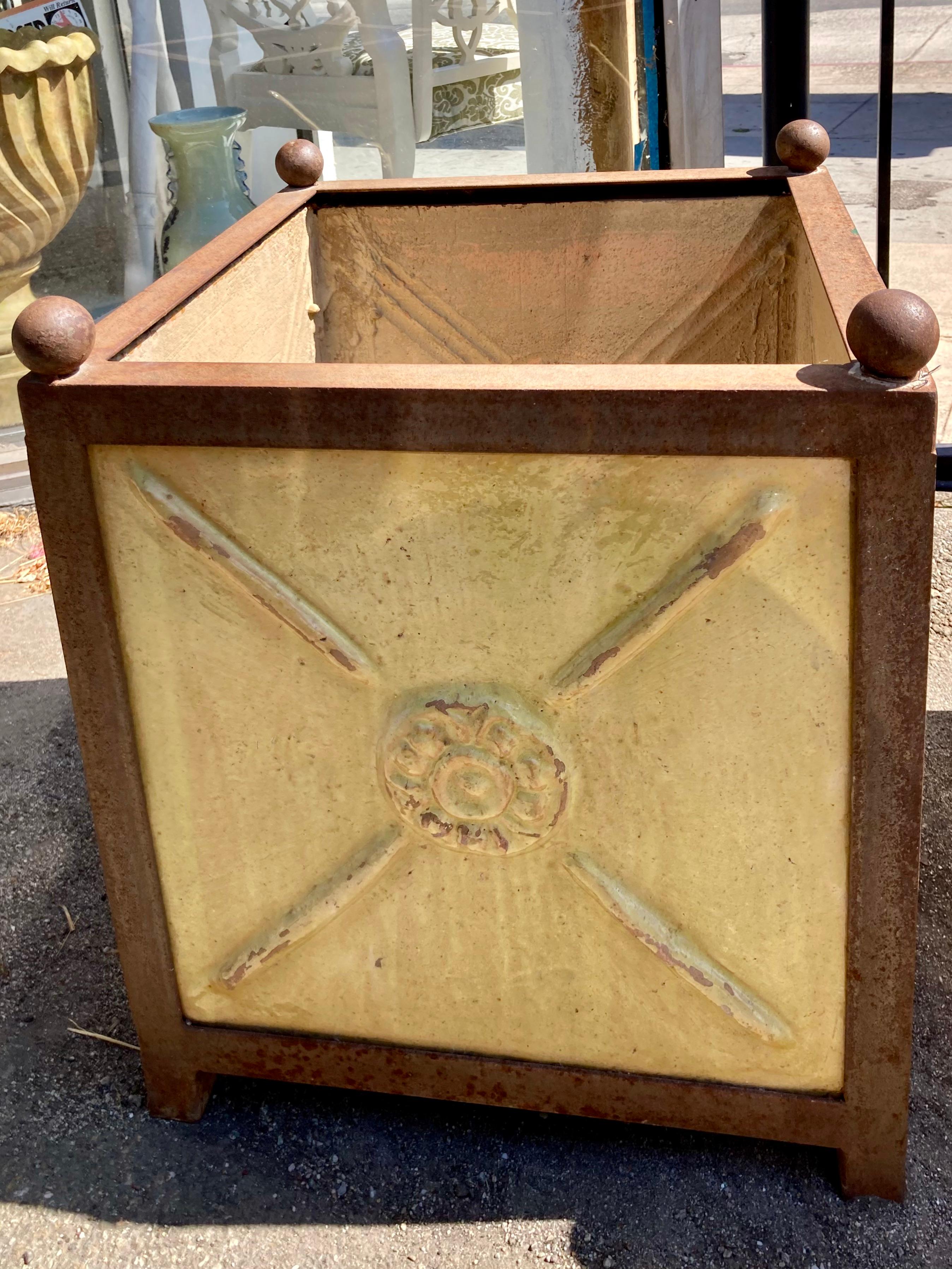 Classic orangerie planter by the fabulous craftsmen of La Madeleine Anduze in the South of France. Love this glazed yellow terracotta form in the classic shape and scale. Very rare and we have a second additional in yellow glaze and one in blue.